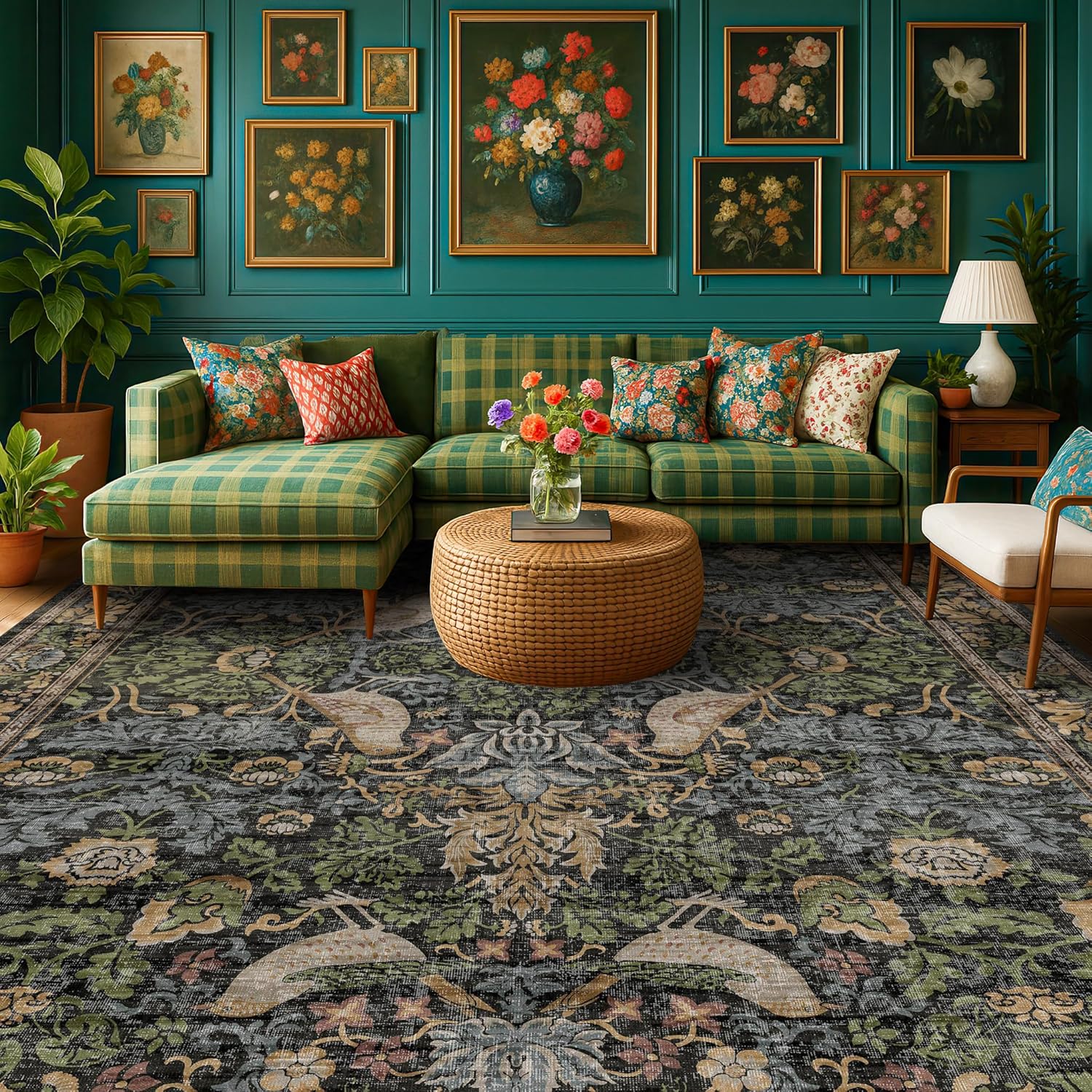 Thumbnail 2 de Vintage Green Rug for Extra Large Bedroom — 10x12, Washable, Non-Slip, Stain-Resistant Boho Floral Carpet