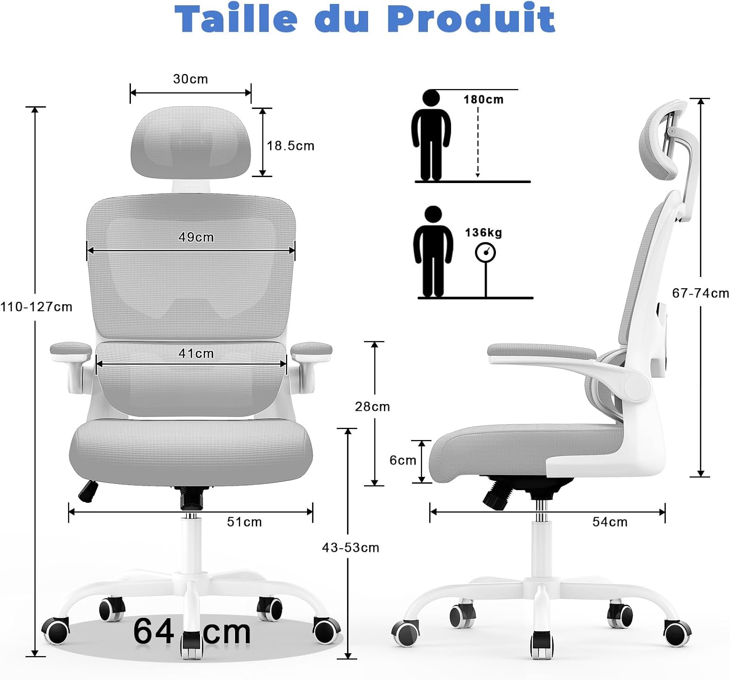 Thumbnail 1 de Chaise de Bureau Ergonomique Naspaluro — soutien lombaire ajustable, dossier en maille, repose-tête et accoudoirs rabattables (gris)