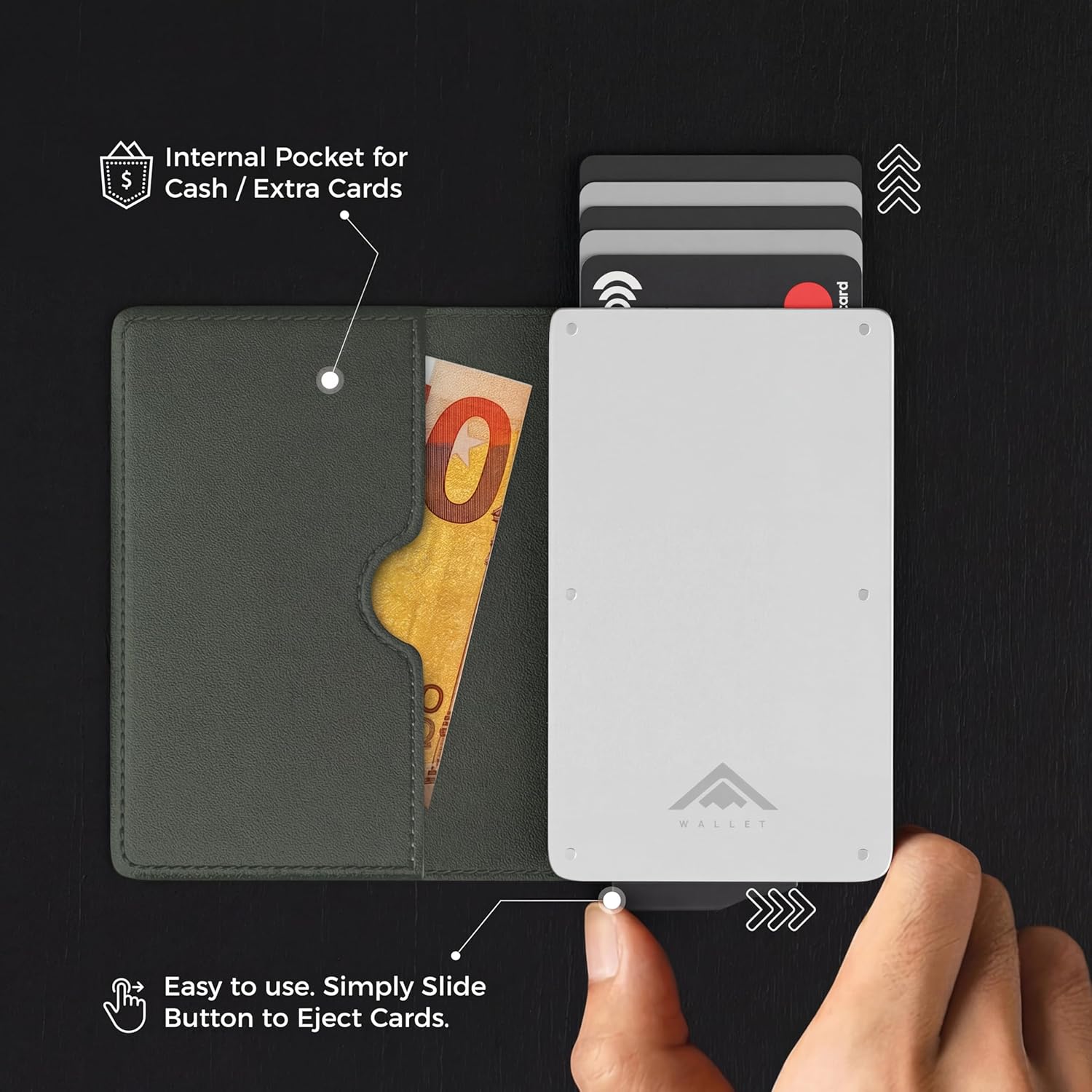 Thumbnail 2 de Stealth Wallet RFID Card Holder Wallet – Smart Minimalist Pop Up Slim Aluminium & Green Leather