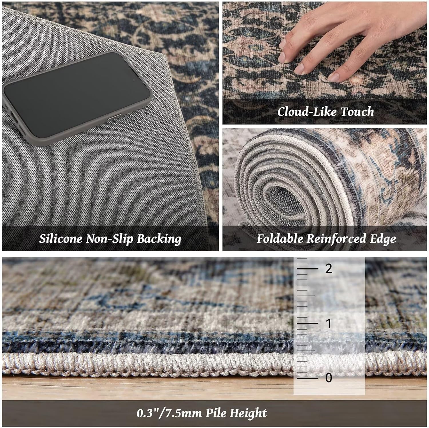 Thumbnail 4 de Washable 10x14 Area Rugs for Living Room, Boho Non-Slip Vintage Distress Rug (Neutral Oriental, Thin 0.3")