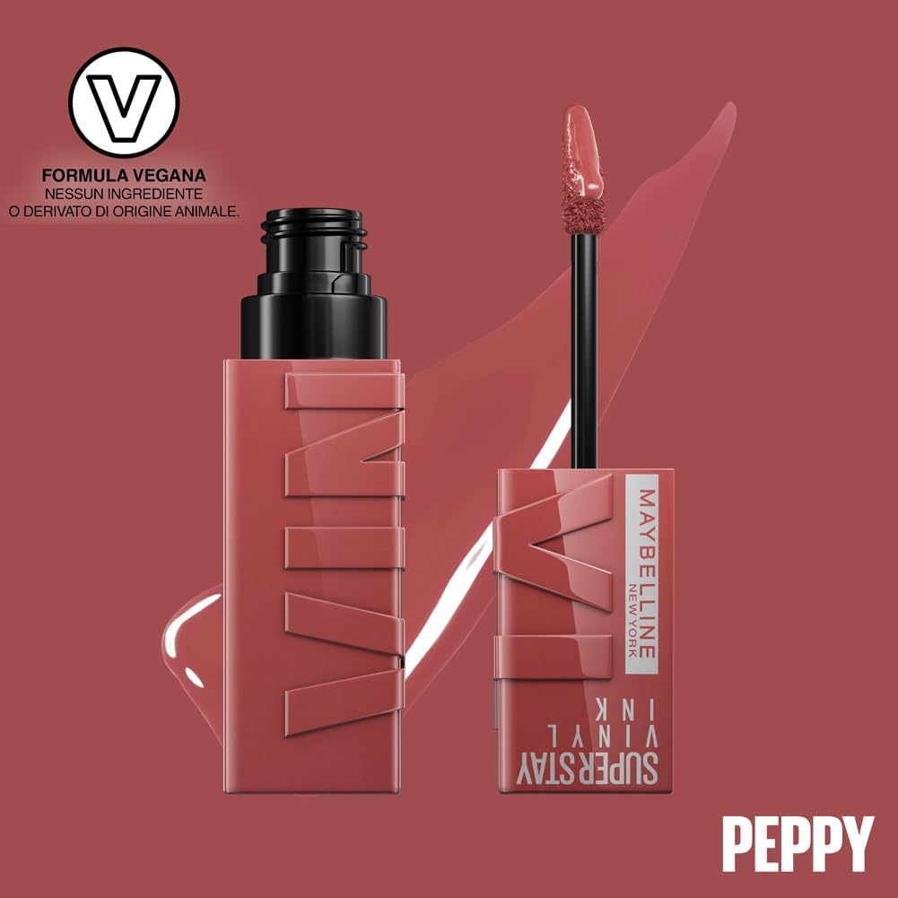 Detalle 2 de Maybelline New York Super Stay Vinyl Ink Nude Shock 115 Peppy – rossetto liquido effetto vinilico fino a 16 ore, formula vegana