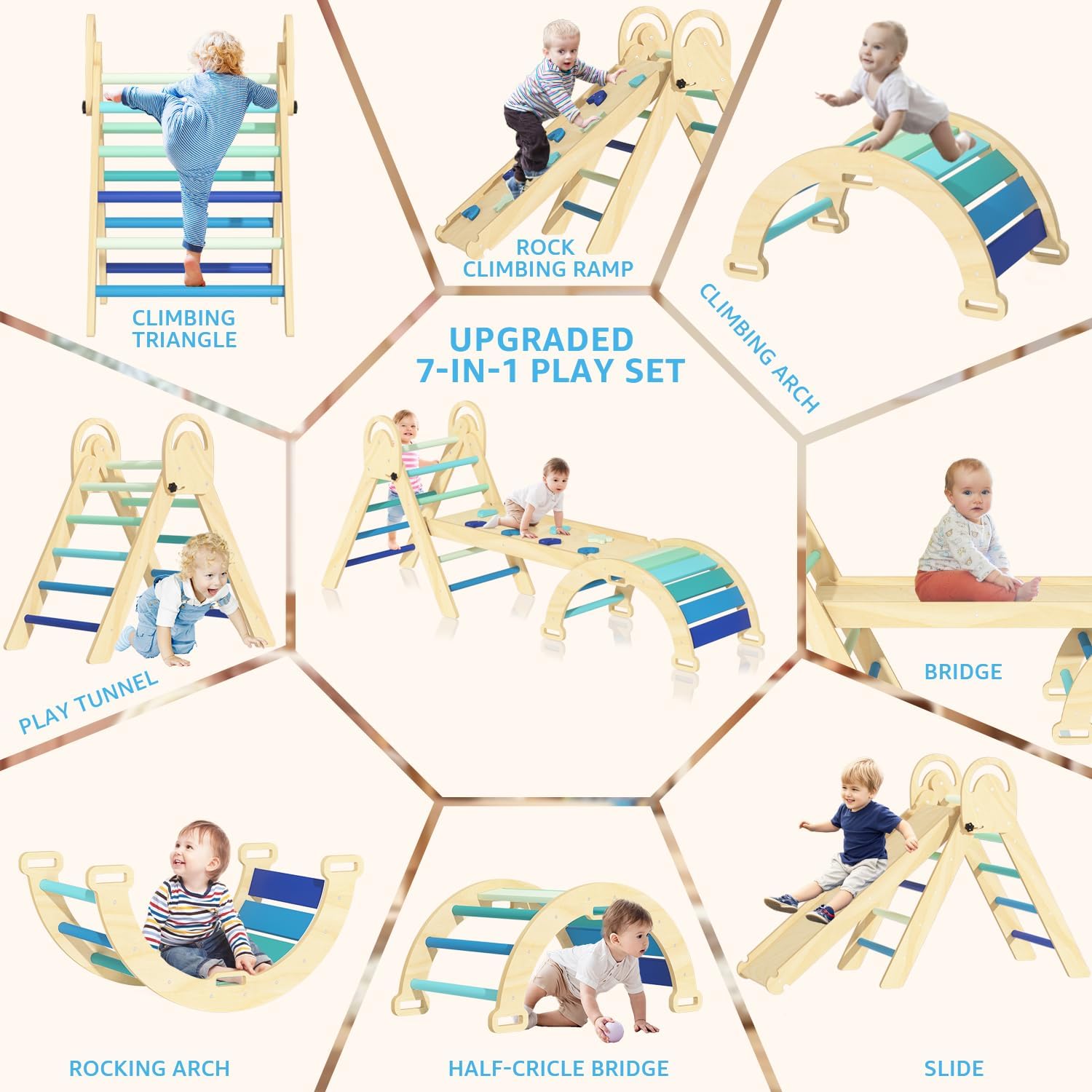 Detalle de investfun Pikler Triangle Set, Montessori Climbing Set for Toddlers (Blue-Nature)