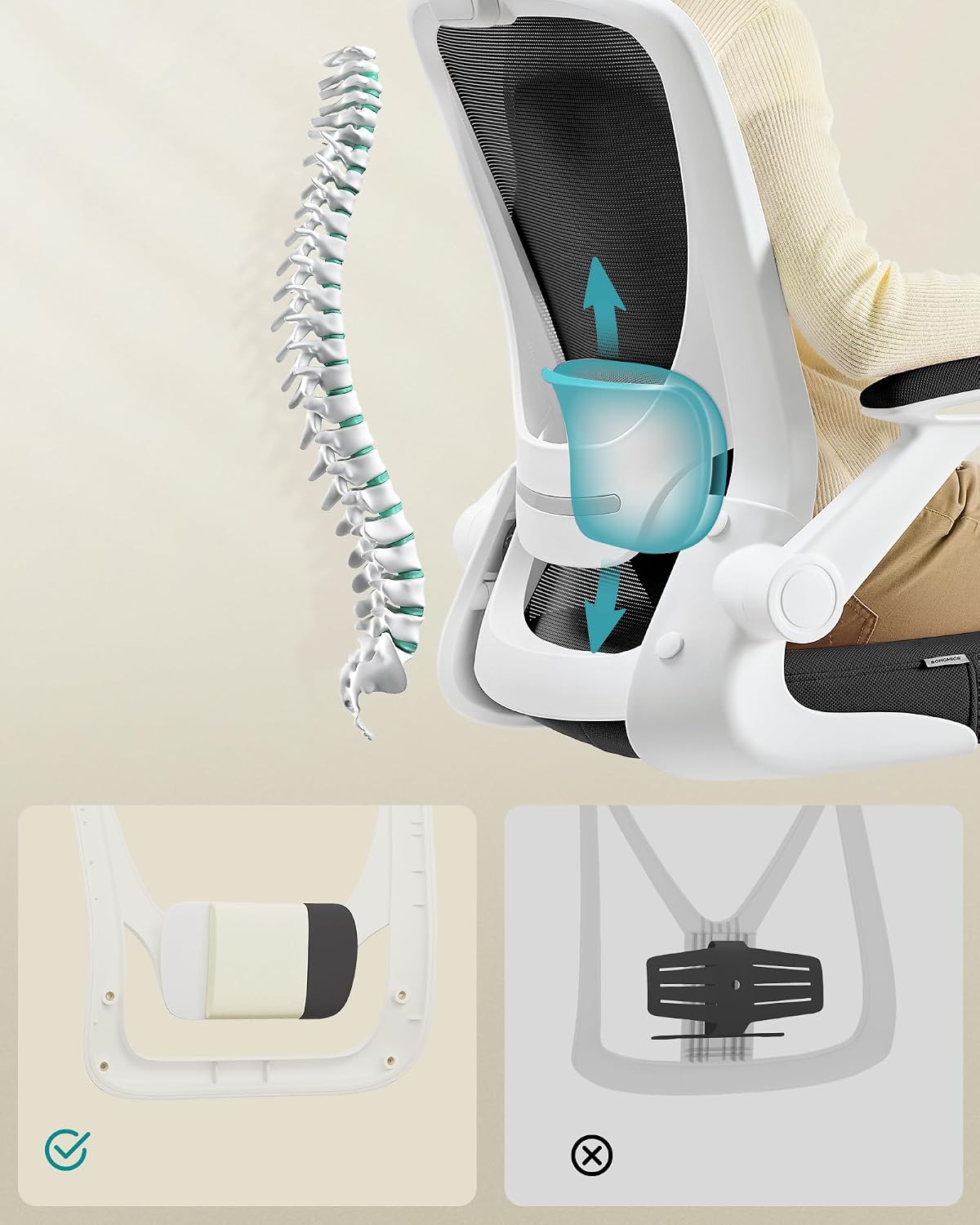 Detalle 2 de SONGMICS Sedia da Ufficio Girevole con Seduta 53 cm e Supporto Lombare Regolabile (OBN37WT)
