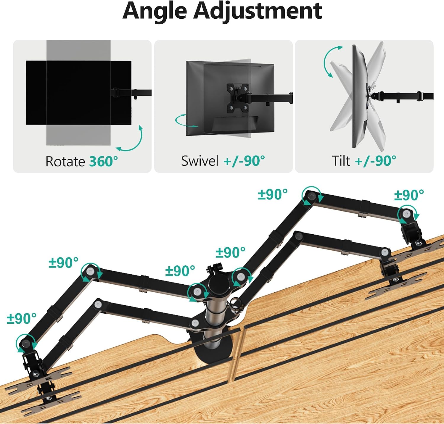 Detalle 2 de WALI M004 Quad Monitor Desk Mount, Adjustable Arms for Screens up to 27 Inch