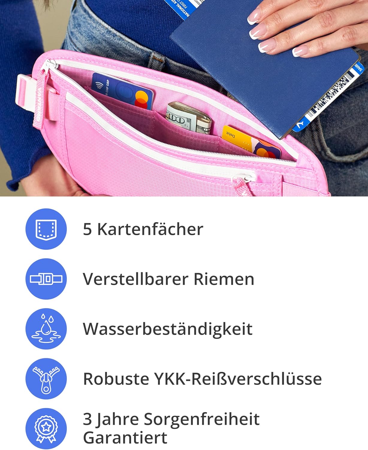 Thumbnail 4 de Geldgürtel für Reisen versteckt – RFID-geschützte Taillen-Brieftasche mit RFID-Fächern, Global Recovery Tags, Puppenrosa & Weiß