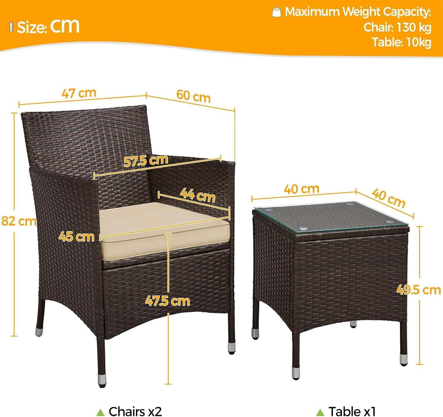 Detalle 2 de Yaheetech Set Mobili da Giardino 2 Poltrone e 1 Tavolino in Rattan PE Impermeabile per Esterno con Cuscini Marrone