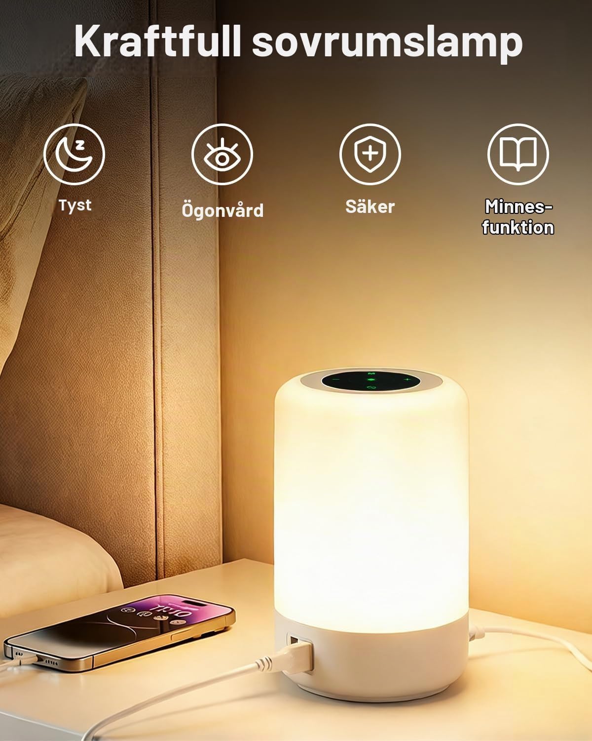 Detalle de salipt S400 sänglampa med touchstyrning, dimbart RGB-ljus och fyra USB-portar