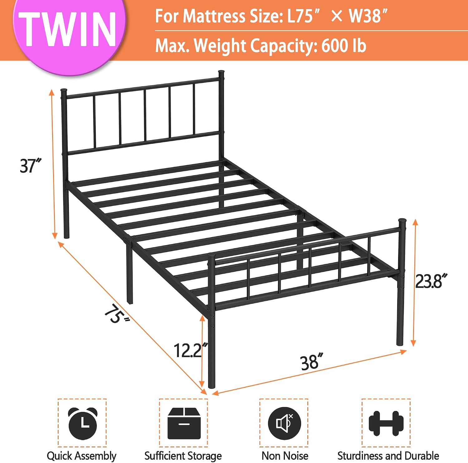 Detalle 2 de DIIYIV Twin Metal Bed Frame with Steel Slat Support and Underbed Storage