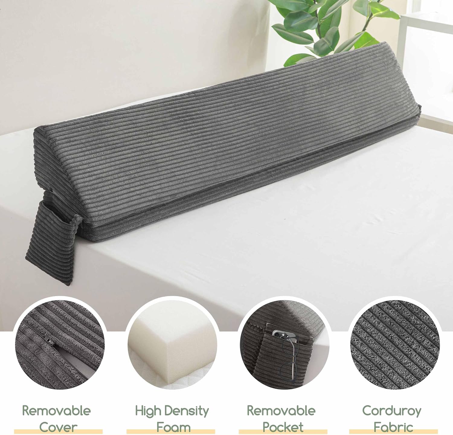 Detalle de HIGOGOGO WP King Size Bed Wedge Pillow, Grey Corduroy, 0–7-inch Gap Filler