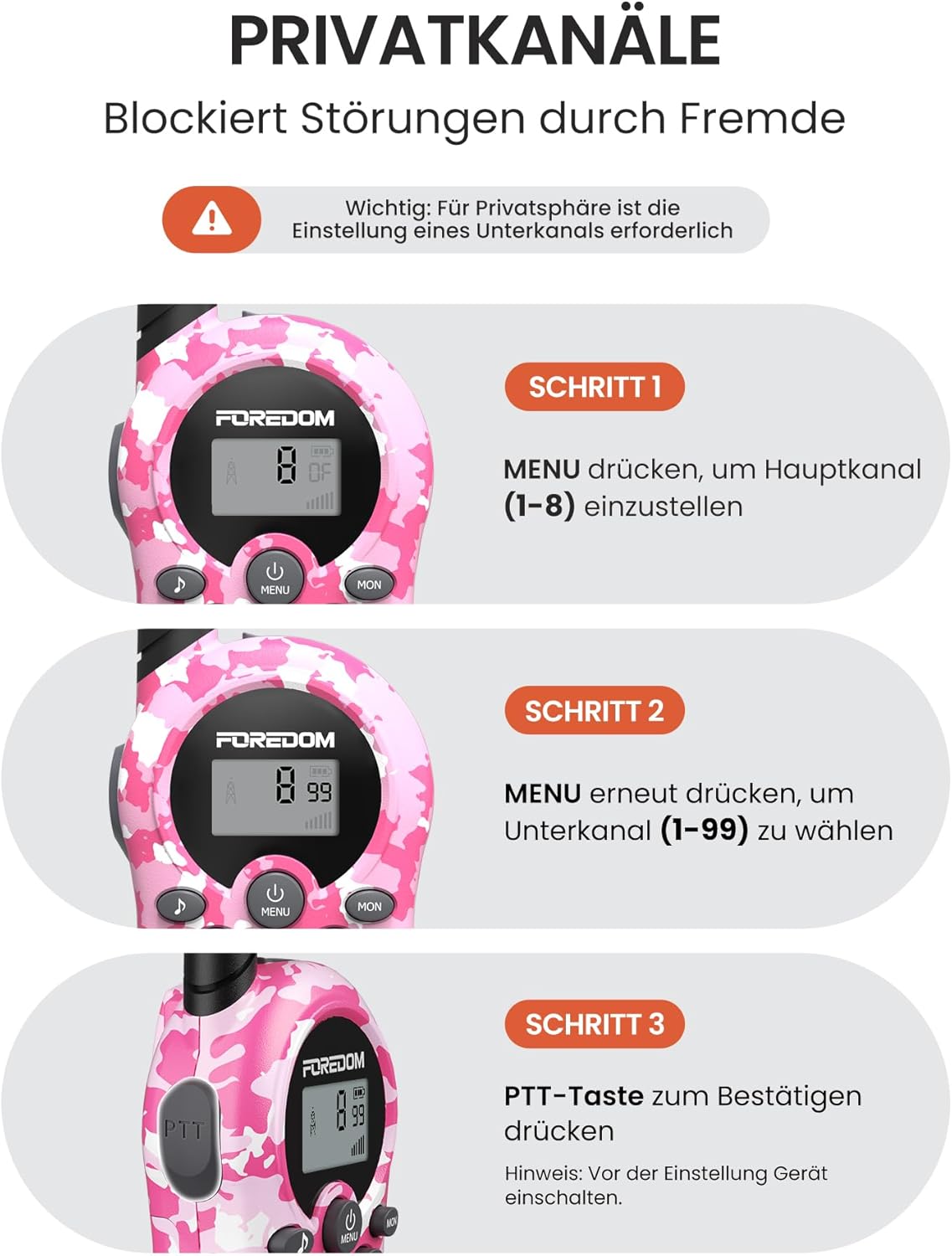 Detalle 2 de FOREDOM Kinder-Walkie-Talkies 2er-Set (3–12 Jahre) mit 8 Kanälen, LCD-Display & 3 km Reichweite