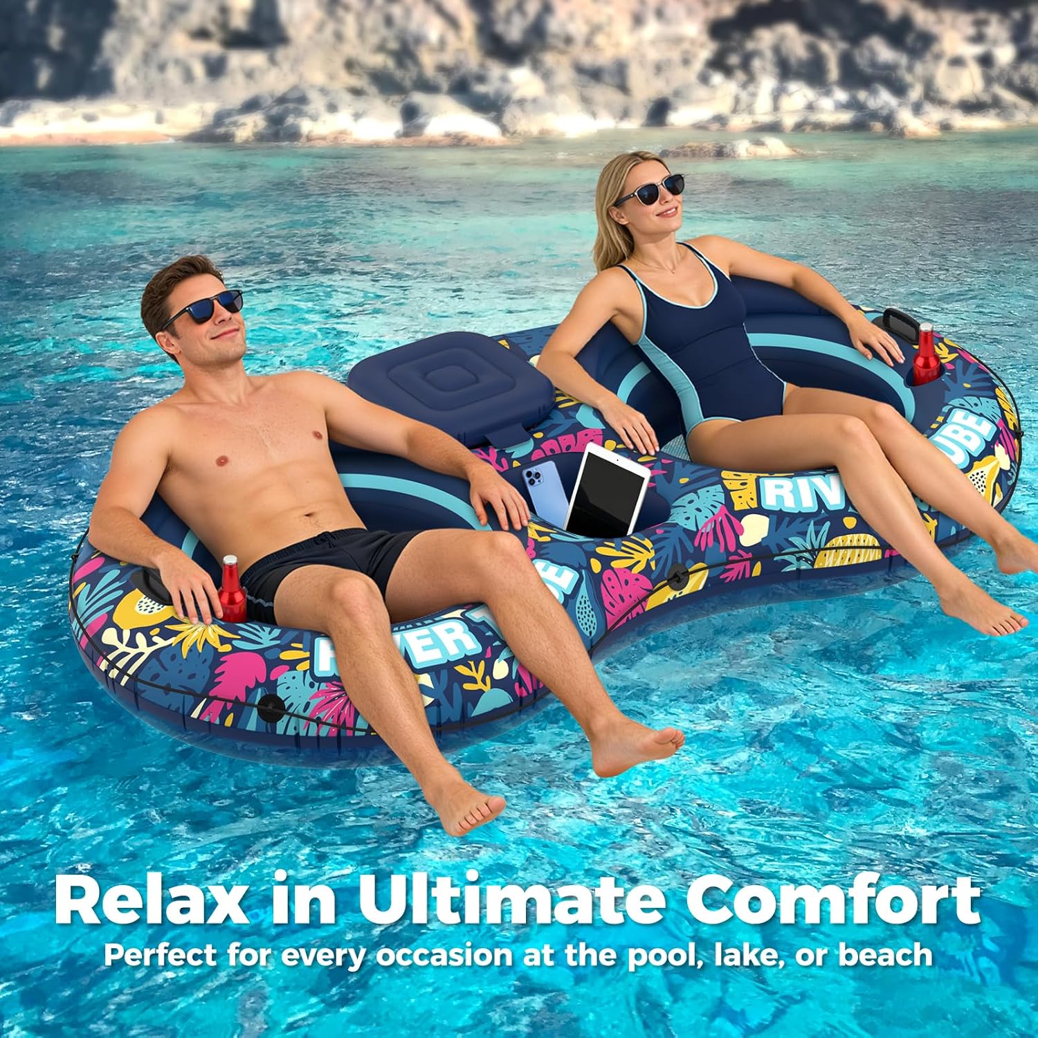 Thumbnail 4 de POVRYE Pool Floats Adult 2-Person Inflatable River Tube with Built-In Cooler & Cup Holders