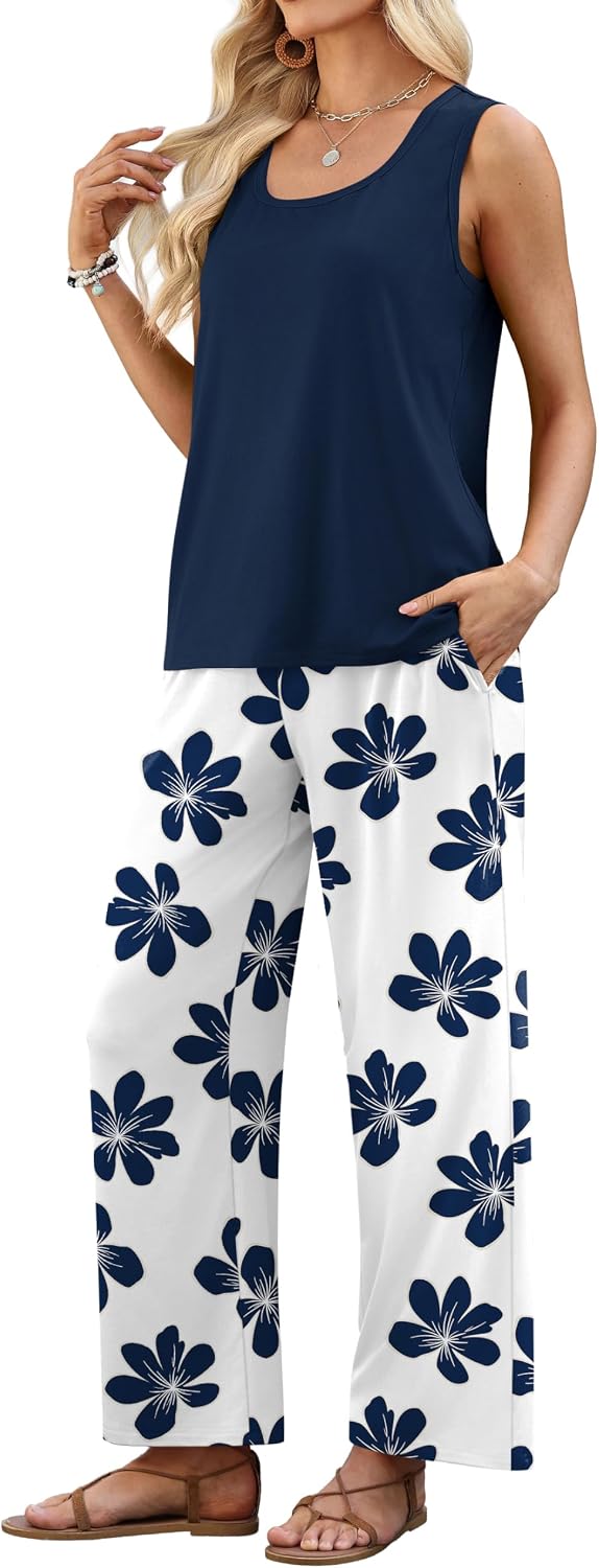 Detalle de WIHOLL Women's Two-Piece Set: Sleeveless Tank + Wide-Leg Printed Pants