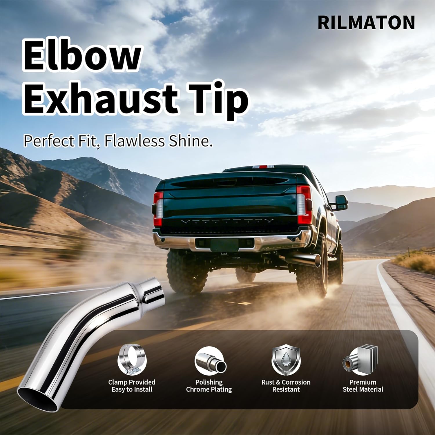 Thumbnail 1 de Universal Exhaust Tip Elbow Pipe (5 to 7 Inch) with Clamp, Chrome 135-Degree Fit for Car, Truck & Diesel