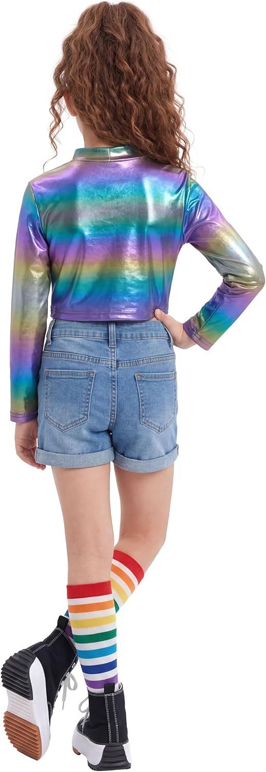 Detalle de LOLANTA Metallic Long-Sleeve Cropped Dance Top for Girls, Shiny Mock Neck