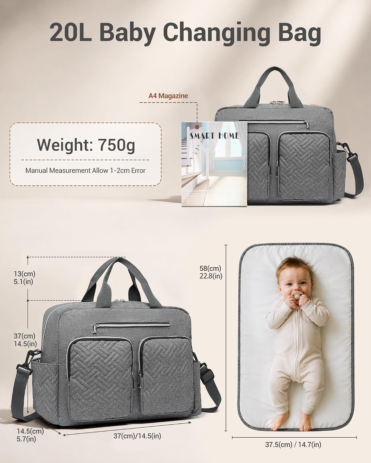 Thumbnail 5 de Kono Baby Changing Bag with Portable Changing Mat – Large Nappy Tote