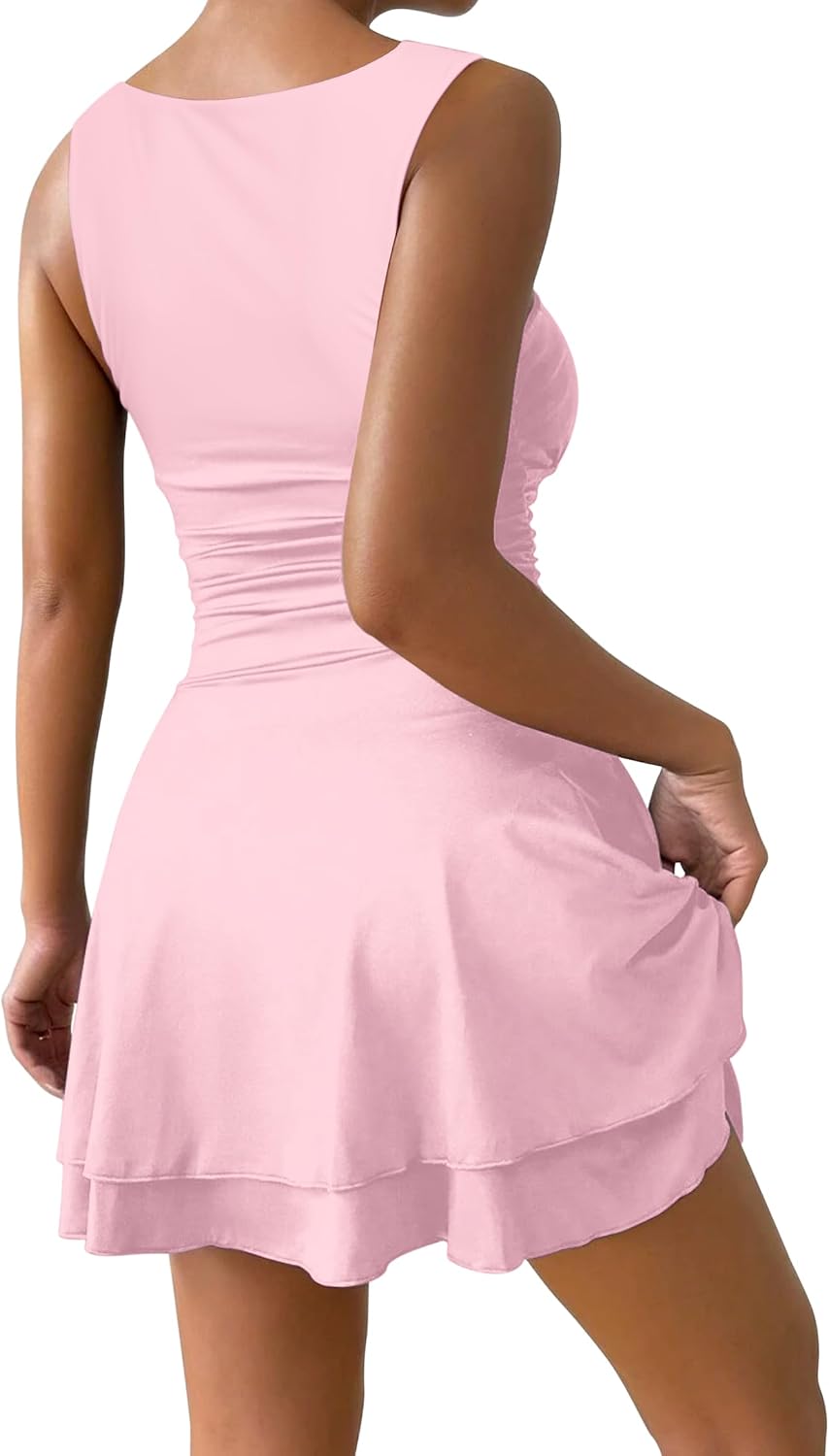 Detalle 2 de IWD Women's Square Neck Mini Dress with Ruched Waist and Tiered Ruffle Hem