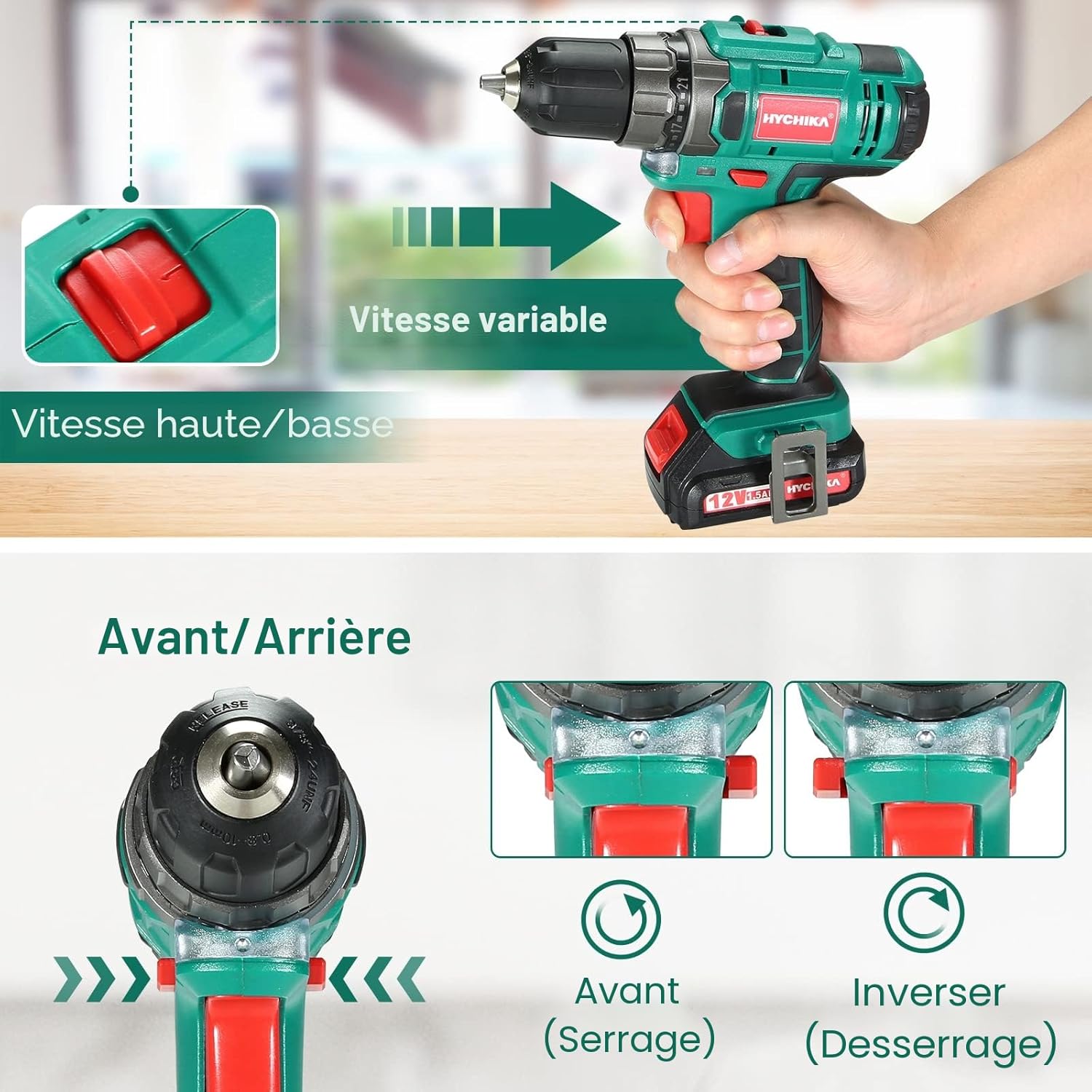 Detalle 2 de HYCHIKA Perceuse Visseuse Sans Fil 12 V – 30 Nm, 21+1 Réglages, 2 Vitesses, 26 Accessoires
