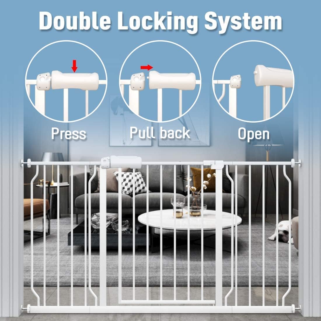 Detalle de ALLAIBB Extra-Wide Pressure-Mounted Baby Gate, Auto-Close, Two-Way Swing