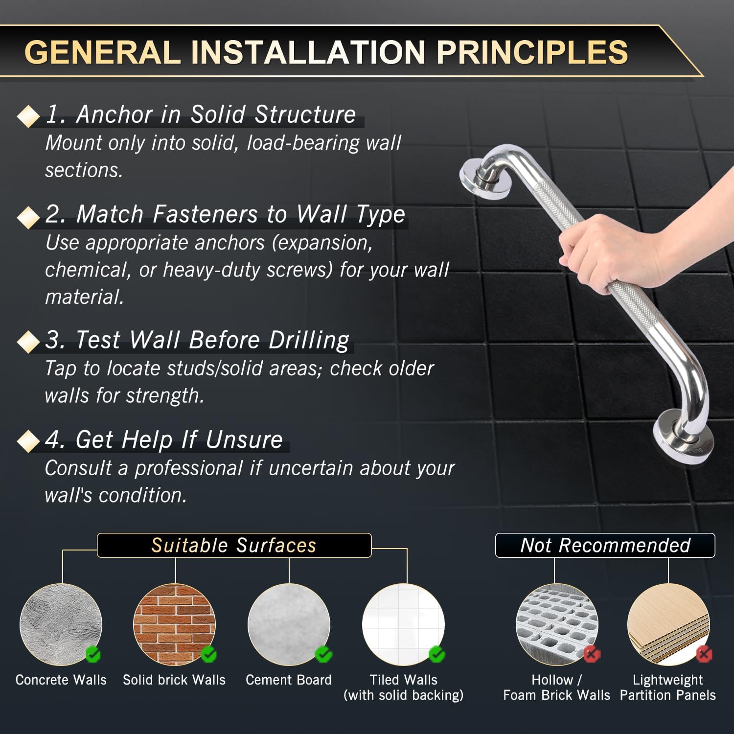 Thumbnail 5 de supregear Bathroom Grab Bar badkamersteunrail van 30 cm, antislip RVS 304