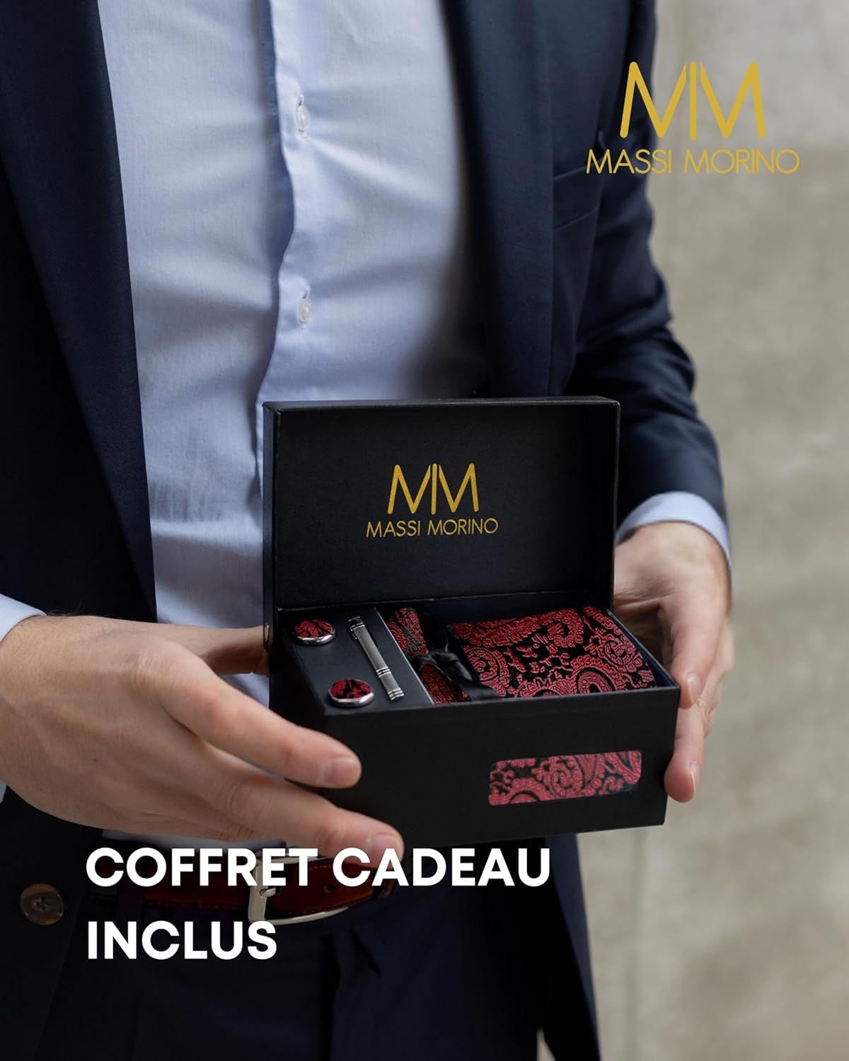 Thumbnail 4 de Massi Morino Cravate Homme avec mouchoirs de poche, boutons de manchette et pinces à cravate – Coffret cadeau