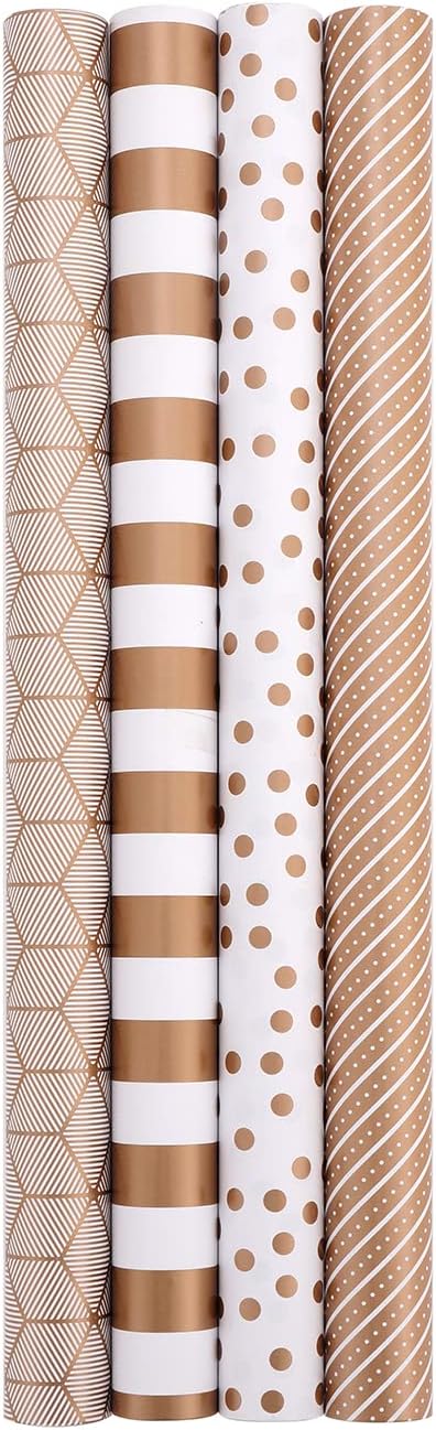 HBell Gold Wrapping Paper Roll – 4 Rolls of 44cm x 3m, Striped Dot Gold Gift Wrap for Occasions