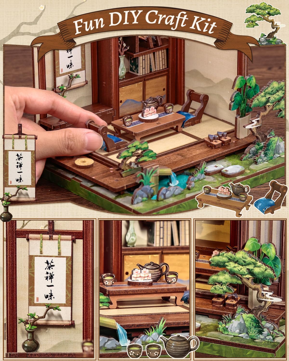 Detalle de CUTEBEE Book Nook Kirishima Cha-an — Japanese Tea House DIY Mini Dollhouse Kit for Adults