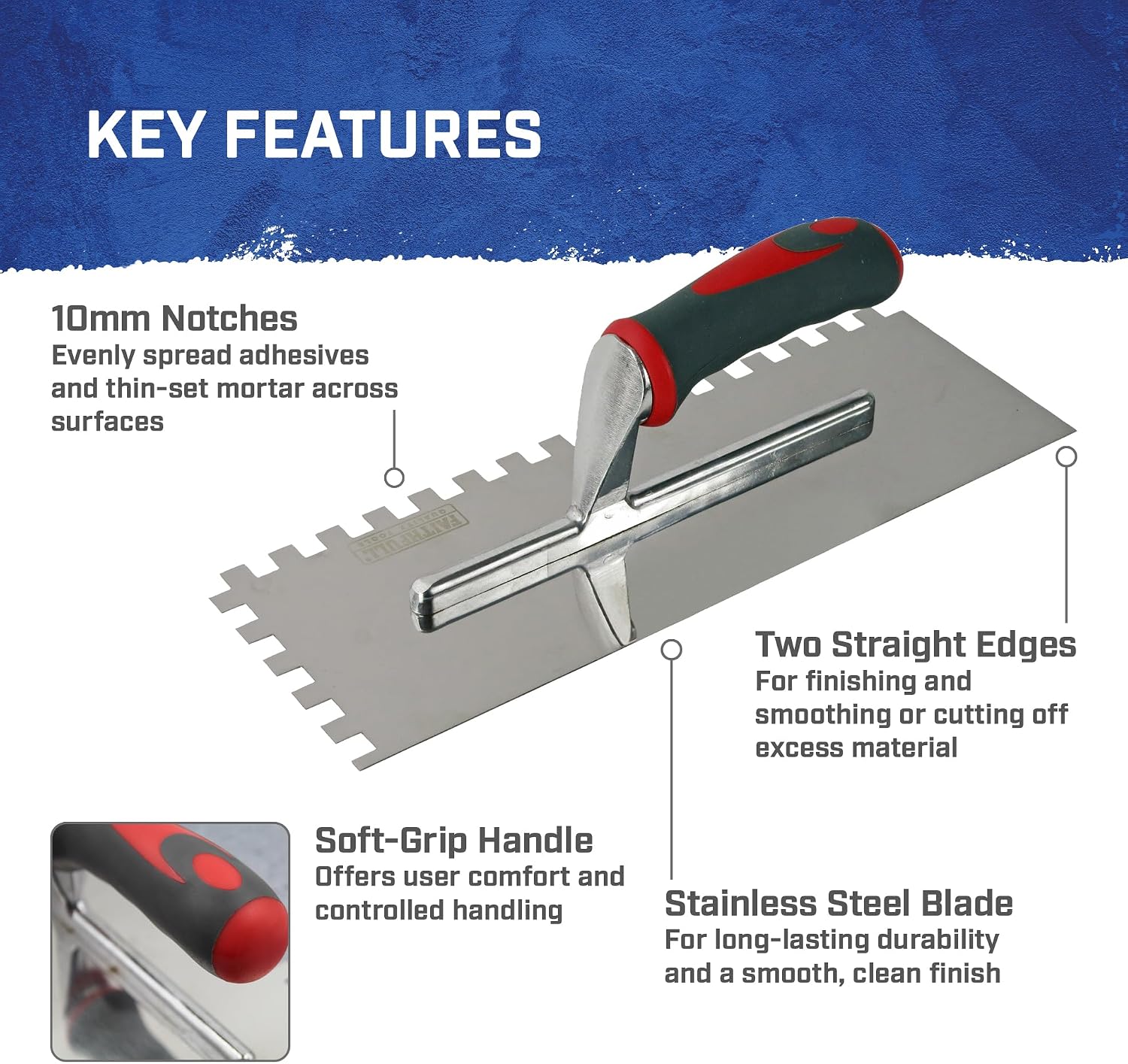 Thumbnail 3 de Faithfull FAISGTNOT10S Notched Tile Trowel, Stainless Steel, 10mm Notch