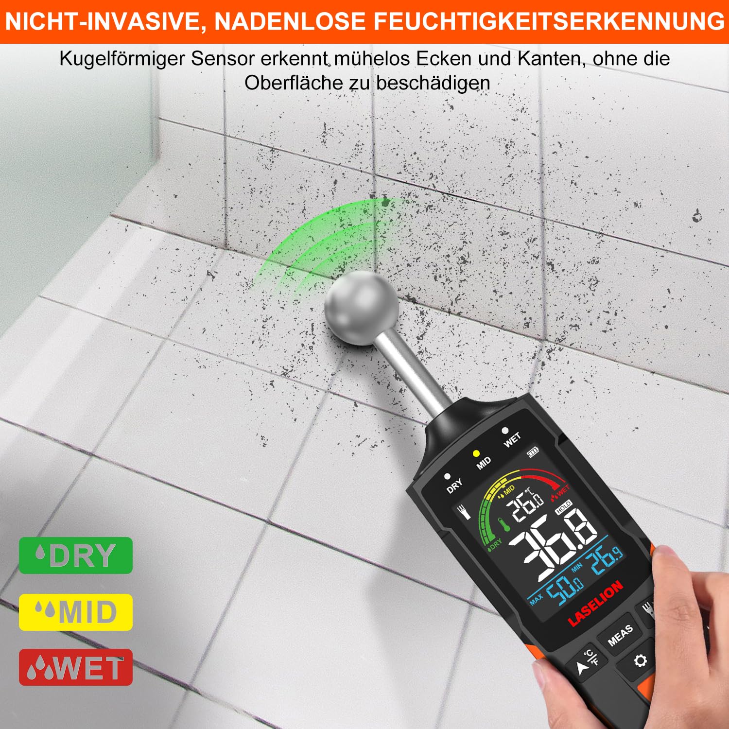 Detalle 2 de LASELION MS04 Feuchtigkeitsmessgerät 5–40 mm 📏