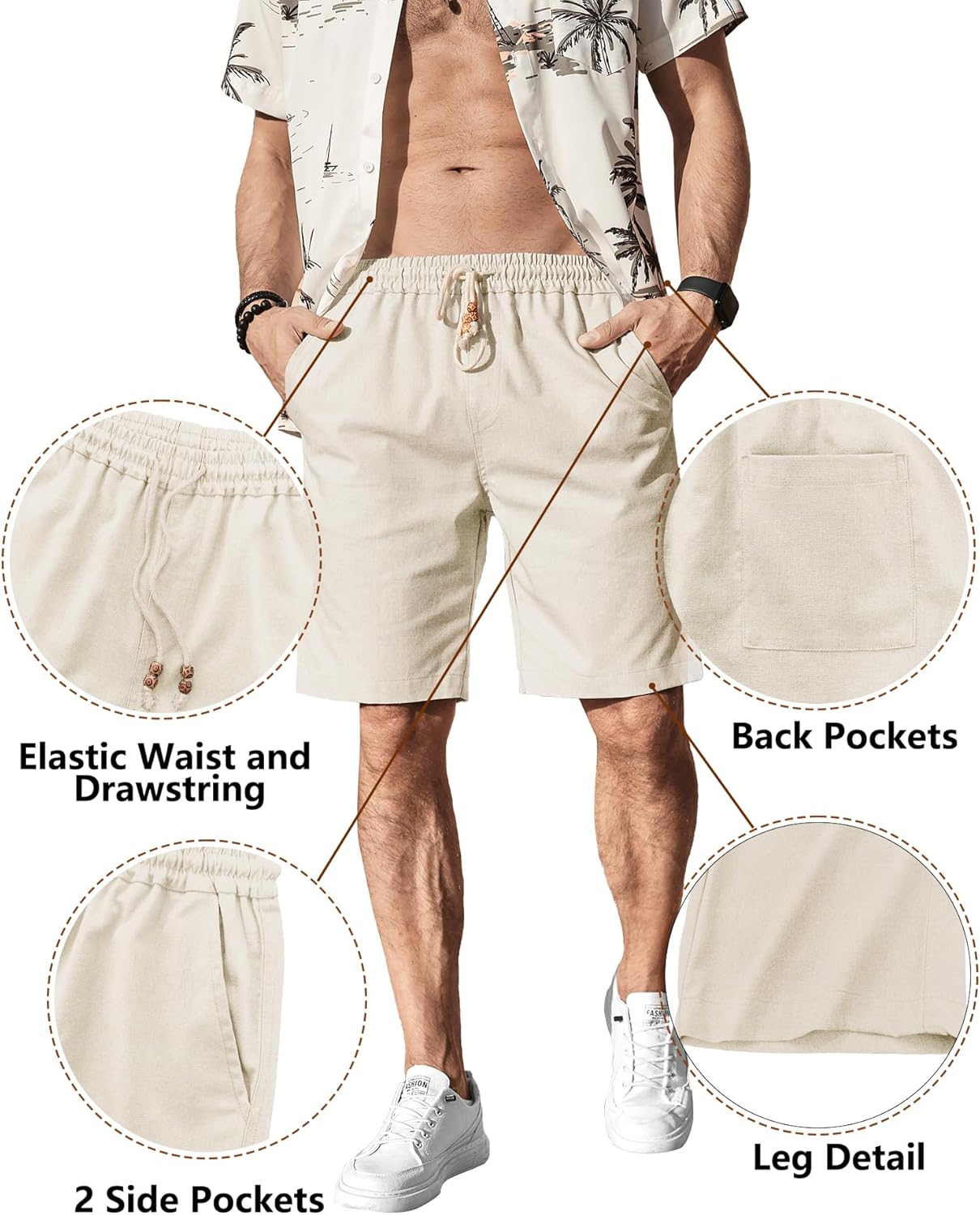 Thumbnail 3 de Comdecevis Men's Linen Shorts with Elastic Drawstring Waist and Pockets
