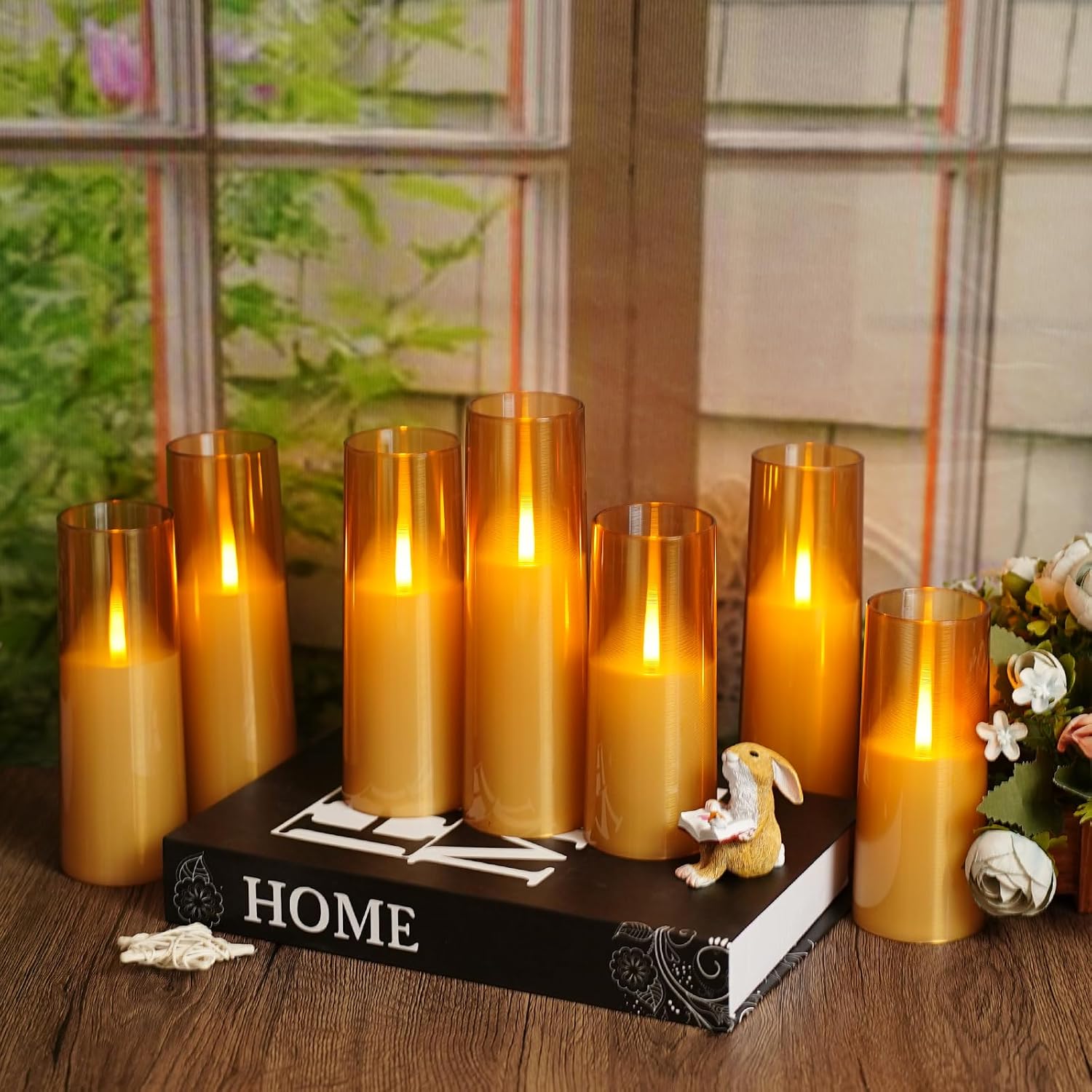 Detalle de kakoya WYLZ-005 Flameless LED Candle Set, 7 Gold Acrylic Pillars with Remote
