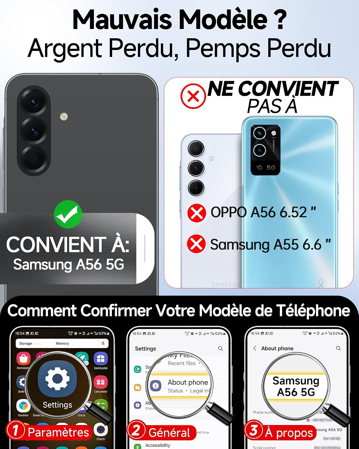 Detalle 2 de LeYi Coque pour Samsung Galaxy A56 / A56 5G avec 2 verres trempés 9H, protection caméra et écran, TPU/PC finition mate anti-traces – Noir
