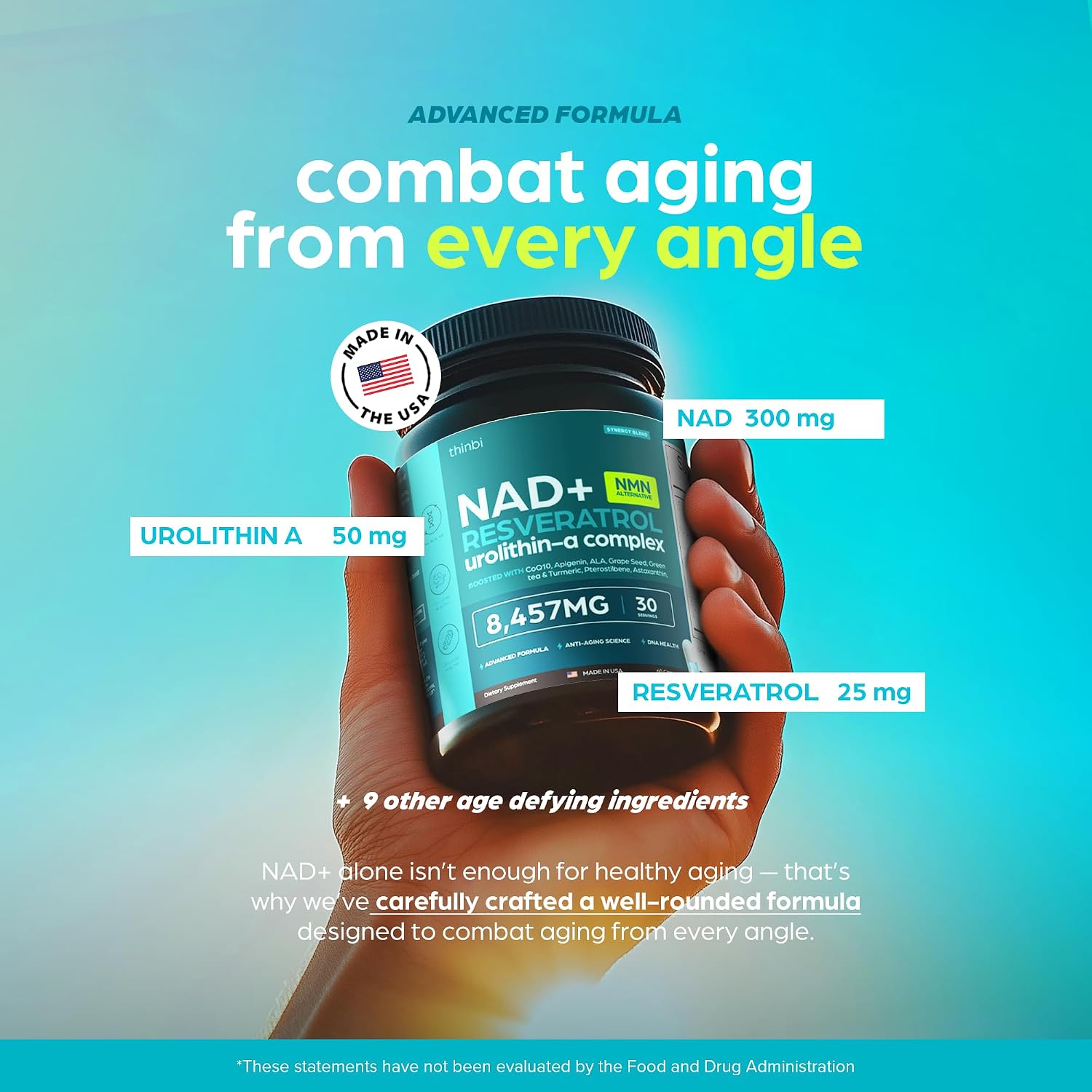 Detalle de Thinbi Liposomal NAD+ Supplement with Resveratrol, Urolithin A & CoQ10, 60 Count