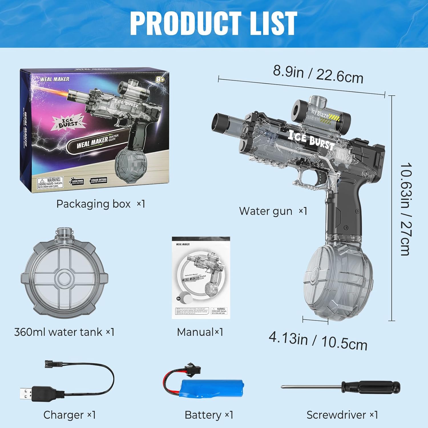 Thumbnail 5 de Pistolet à Eau Électrique pour Enfants et Adultes — Fusil à Eau Automatique Tactique avec LED et Son, 360 ml, Portée 8 m (Noir)