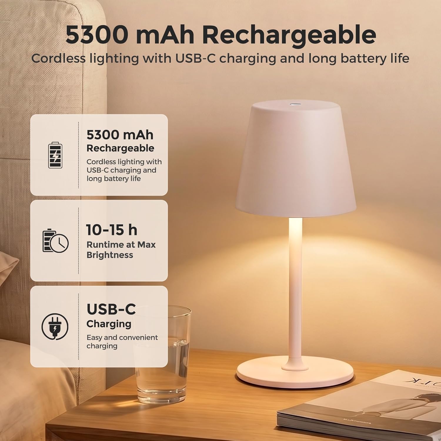 Detalle 2 de UPXNBOR Rechargeable Table Lamp: 3-Color Stepless Dimmable LED Bedside Light