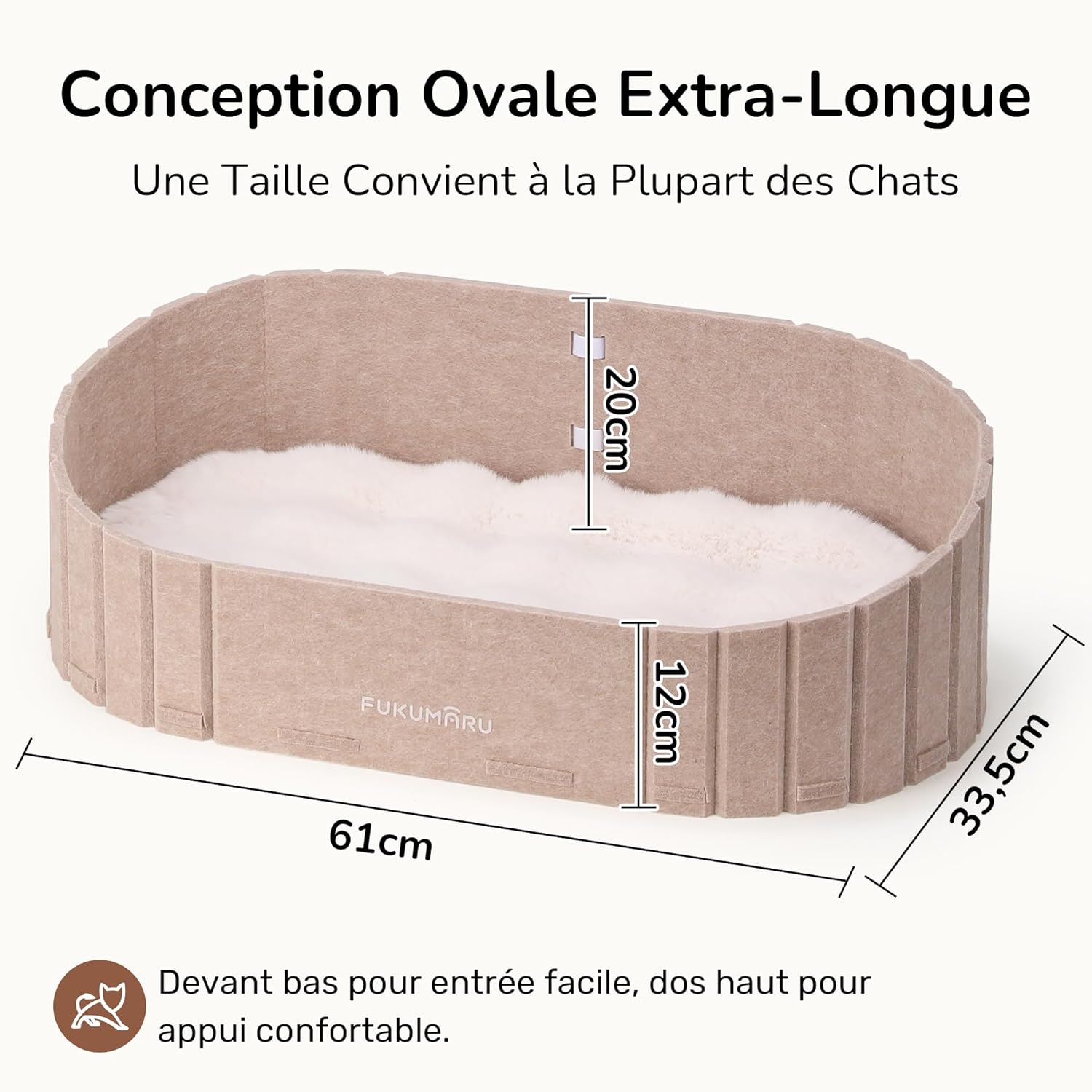 Thumbnail 3 de FUKUMARU lit pour chat d’intérieur 61 cm ovale en feutre camel