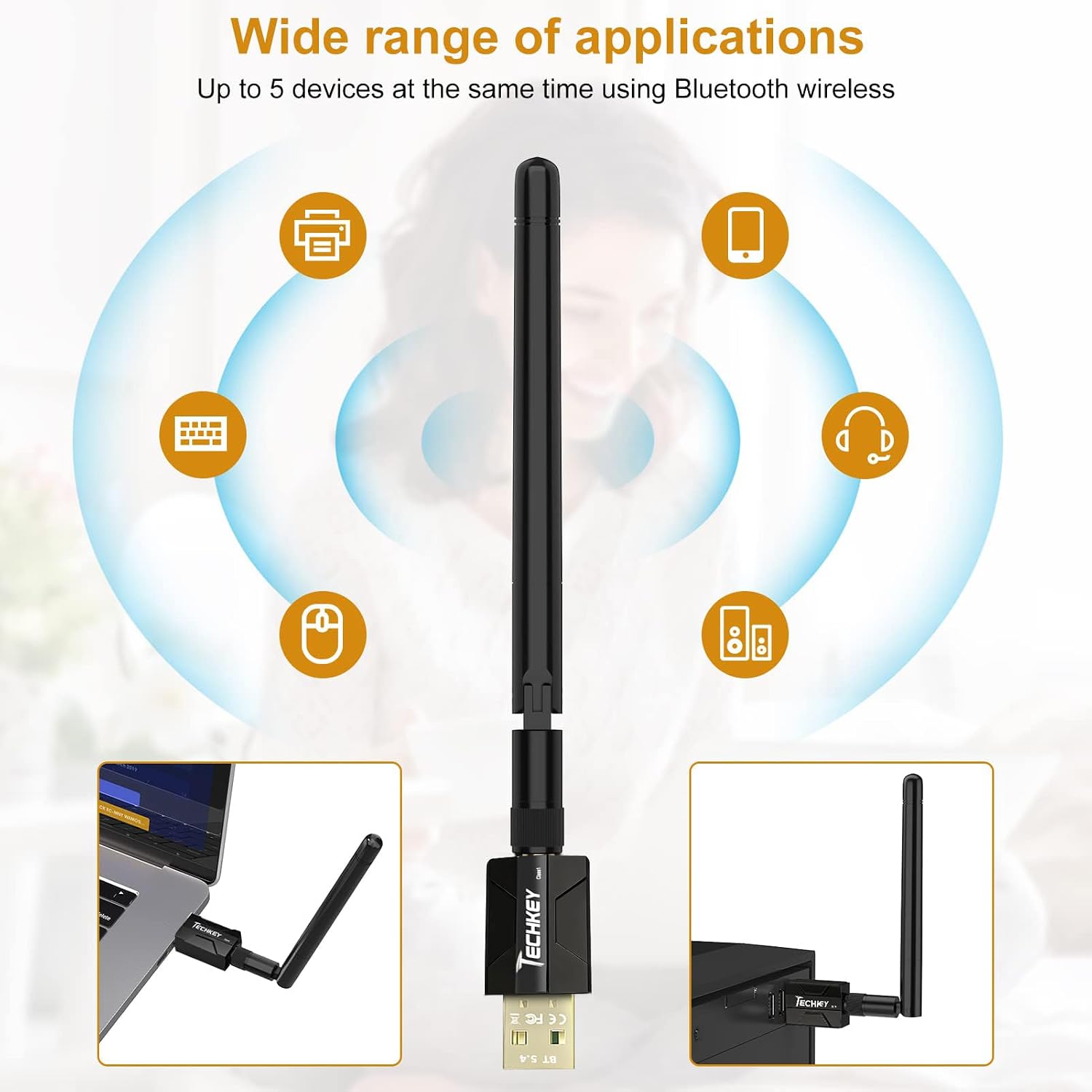Detalle de Techkey Long Range USB Bluetooth 5.3 Adapter (Class 1, up to 328ft) for Desktop PC
