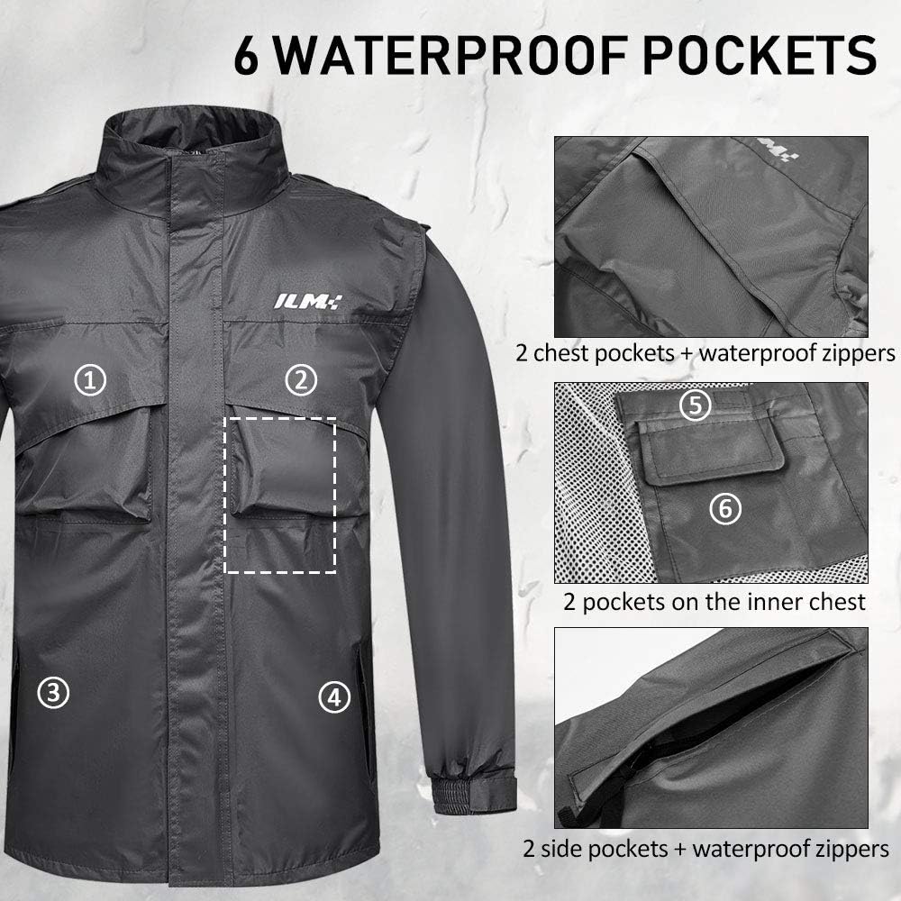 Detalle 2 de ILM Ilm-rs02 Motorcycle Rain Suit, Men’s X-Large, Grey, 6 Pockets