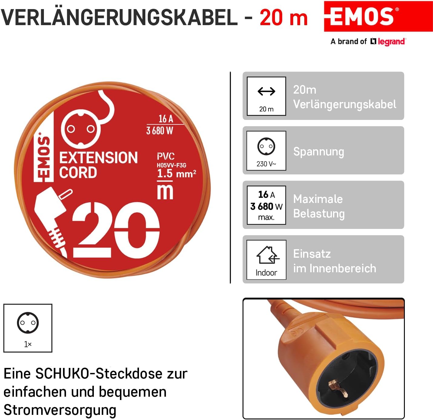 Thumbnail 1 de EMOS IP20 Verlängerungskabel 20 m – 1 Schuko-Steckdose, orange (bis 16 A / 3680 W, 1,5 mm²)