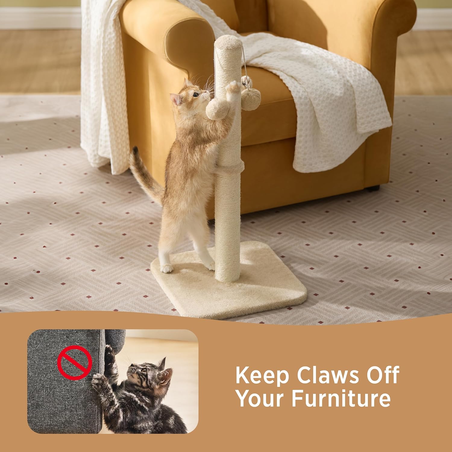 Thumbnail 1 de Lesure Kratzsäule Mittelgroß für Indoor-Katzen (36 × 36 × 74 cm) mit hängendem Spielball, Sisalseil & stabiler Basis – Beige