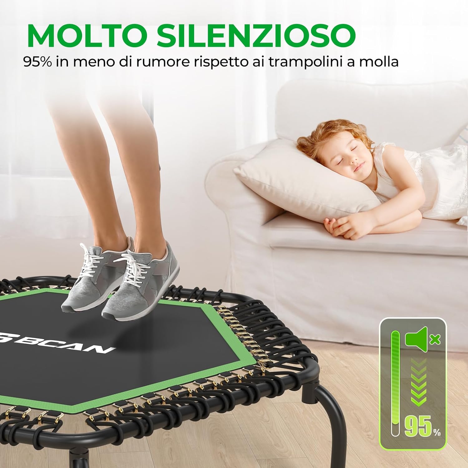 Detalle de Trampolino da interno BCAN Fitness – Ø 122 cm (disponibile Ø 102/130 cm) con maniglie regolabili, silenzioso e a basse vibrazioni