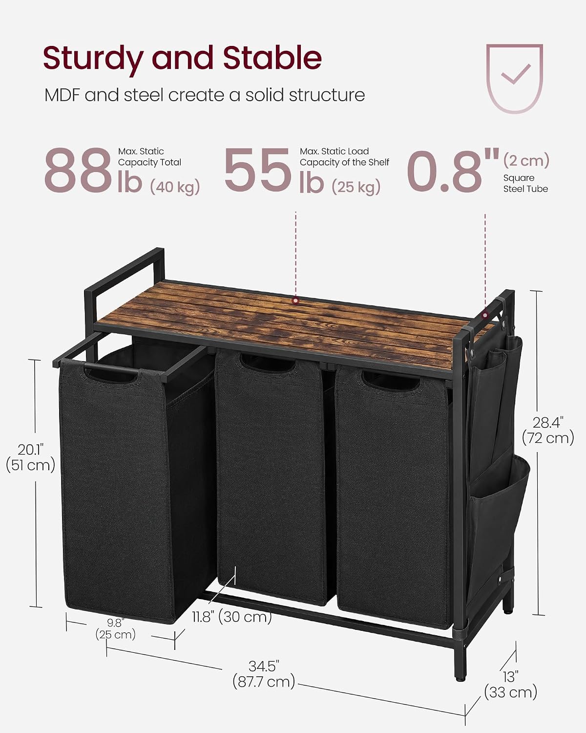 Detalle de VASAGLE Laundry Hamper, 3 Pull-Out Bags