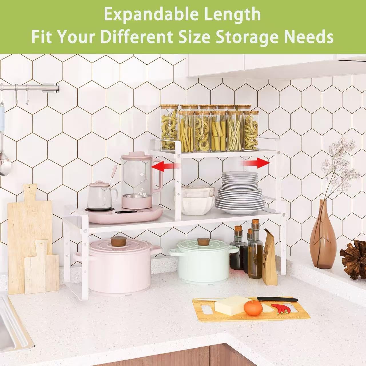 Detalle de Across-Star Expandable Cabinet Shelf Organizer Rack (White) — Adjustable Height Spice/Pantry Shelf, 2 Pack