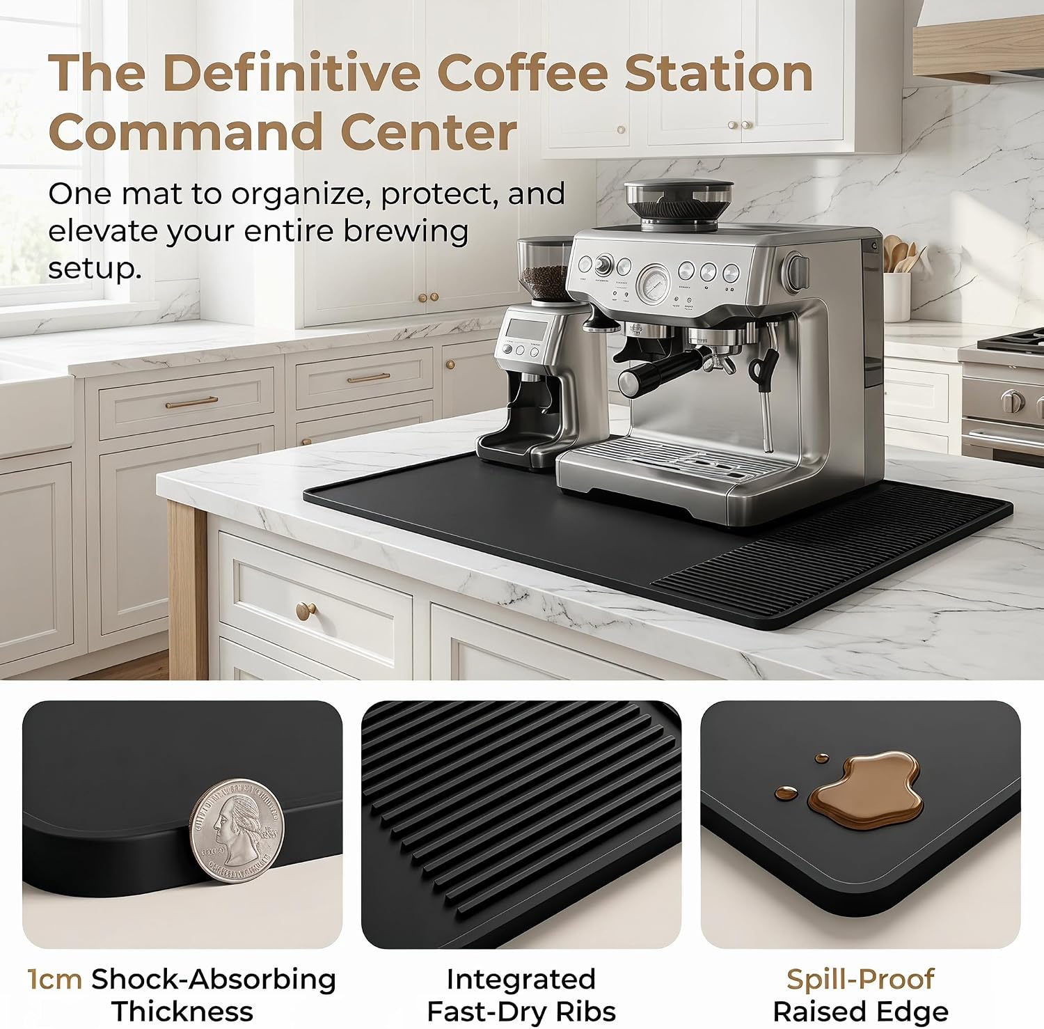 Detalle de Silicone Coffee Machine Mat 60x40cm – Large Countertop Draining Mat (Black)