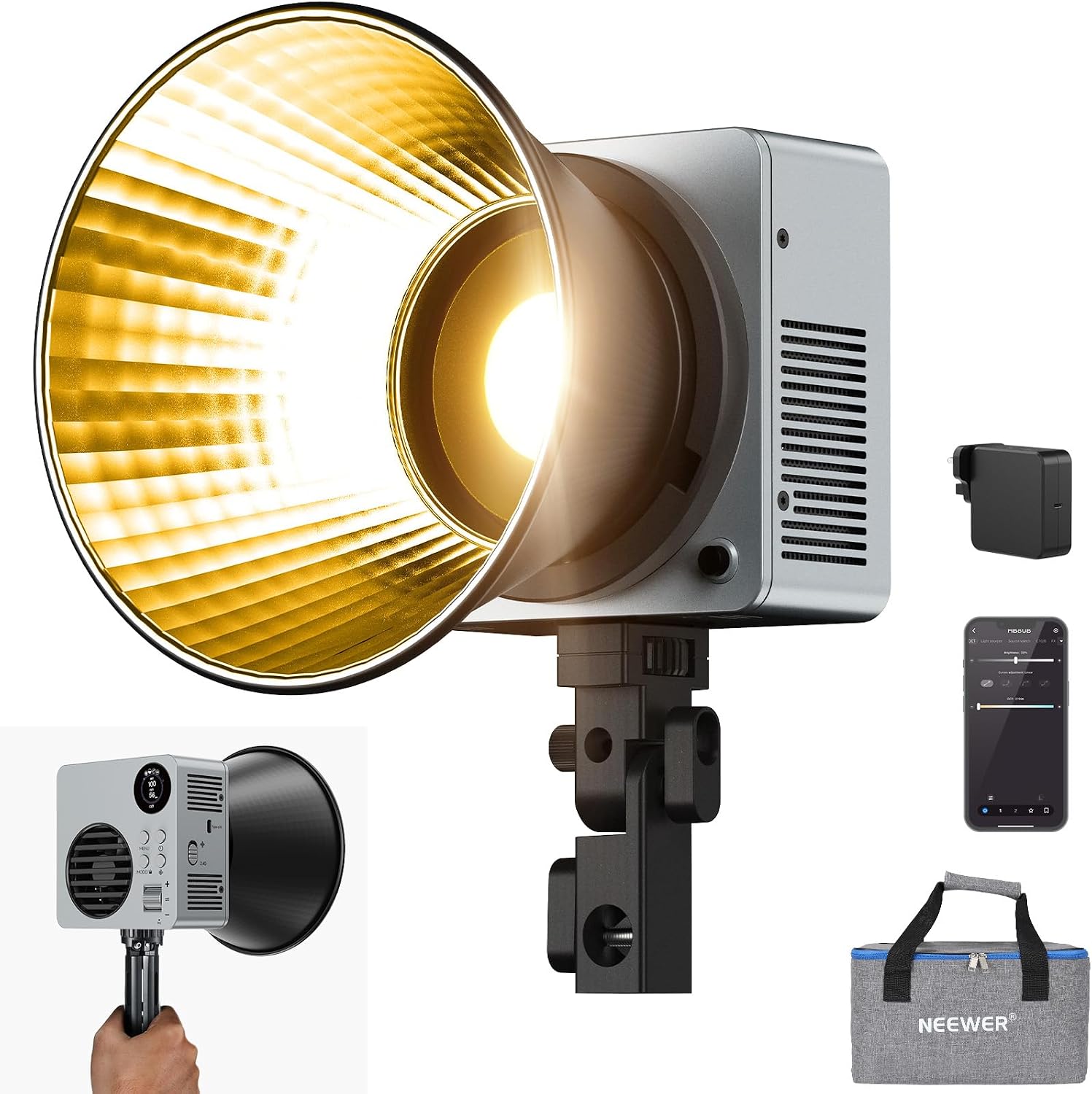 Detalle de NEEWER HB80B 80W Bi-Colour LED Video Light with 72Wh Battery & 100W USB-C PD Adapter (APP/2.4G Control)