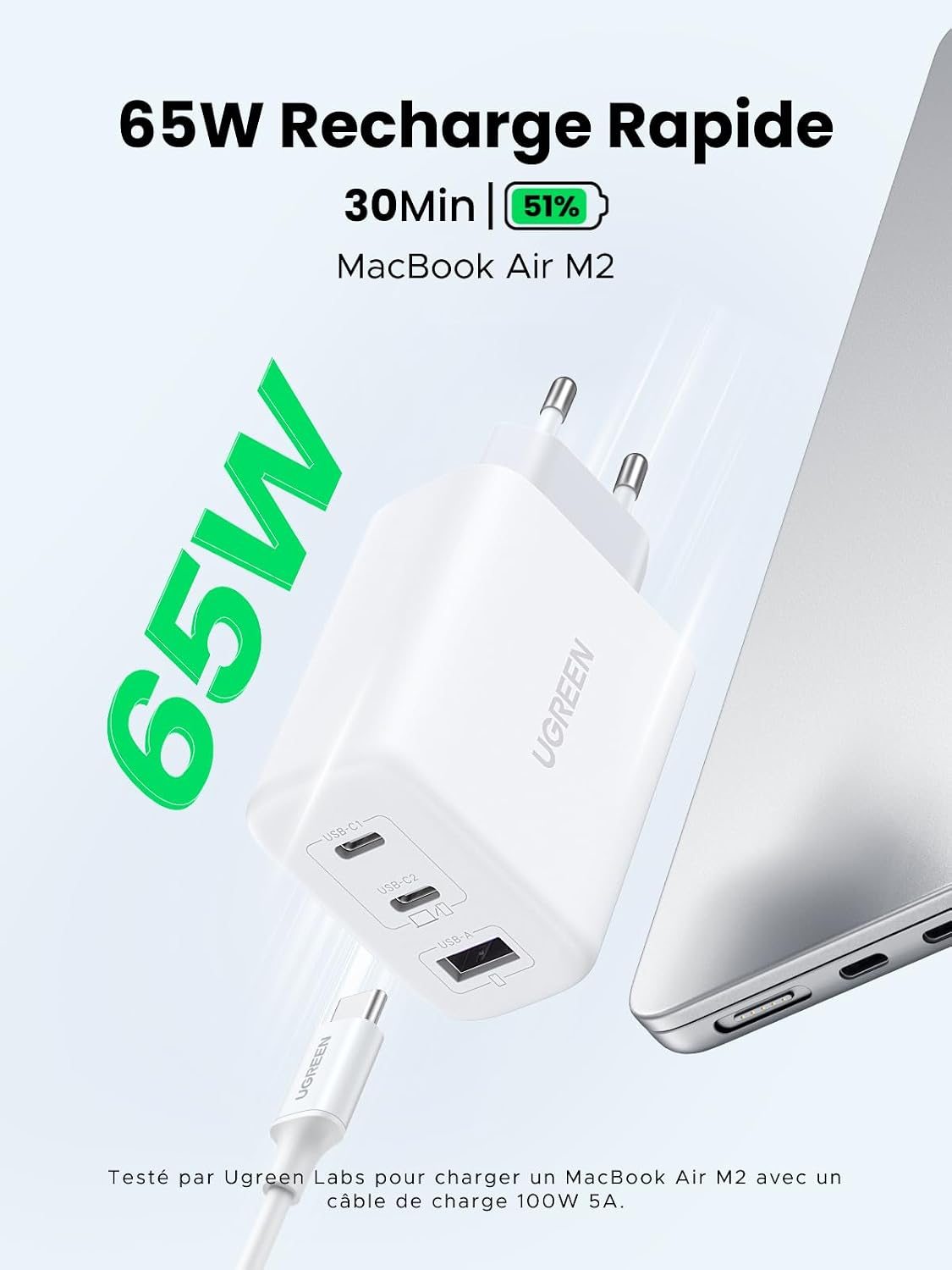 Detalle 2 de UGREEN 65W USB-C-lader met 3 poorten, 2 USB-C en 1 USB-A
