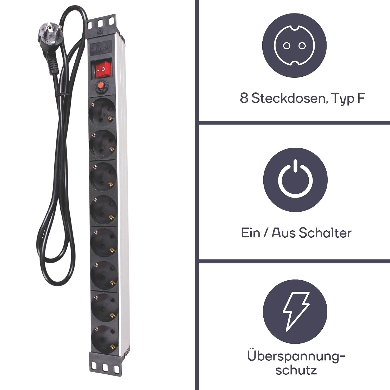 Detalle 2 de Perel PDU-Steckdosenleiste 8 Schuko, 3680 W