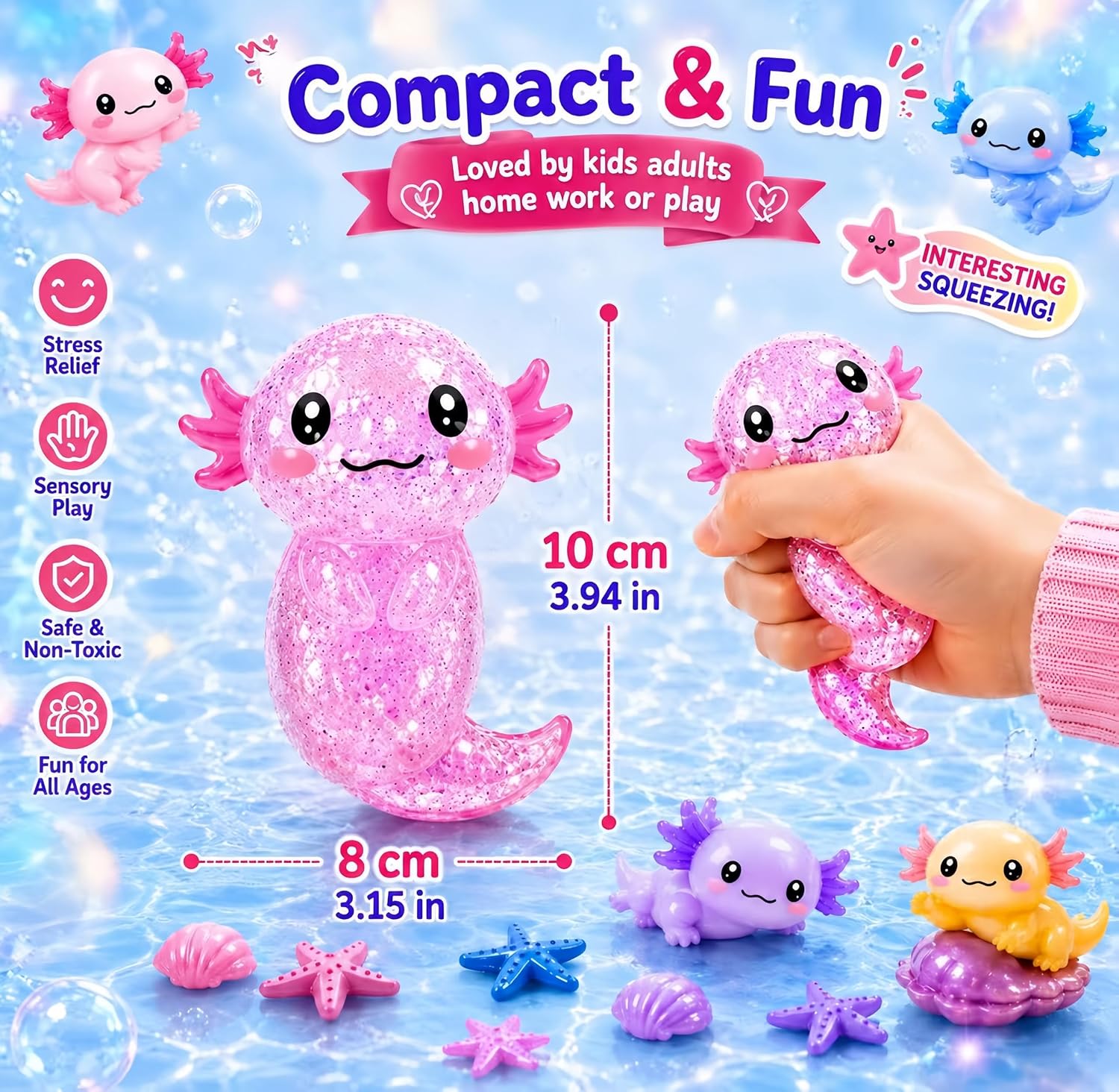 Thumbnail 4 de Axolotl Squishy Stress Relief Toy (2-Pack) – Glitter Gel Fidget Squeeze, Blue & Pink