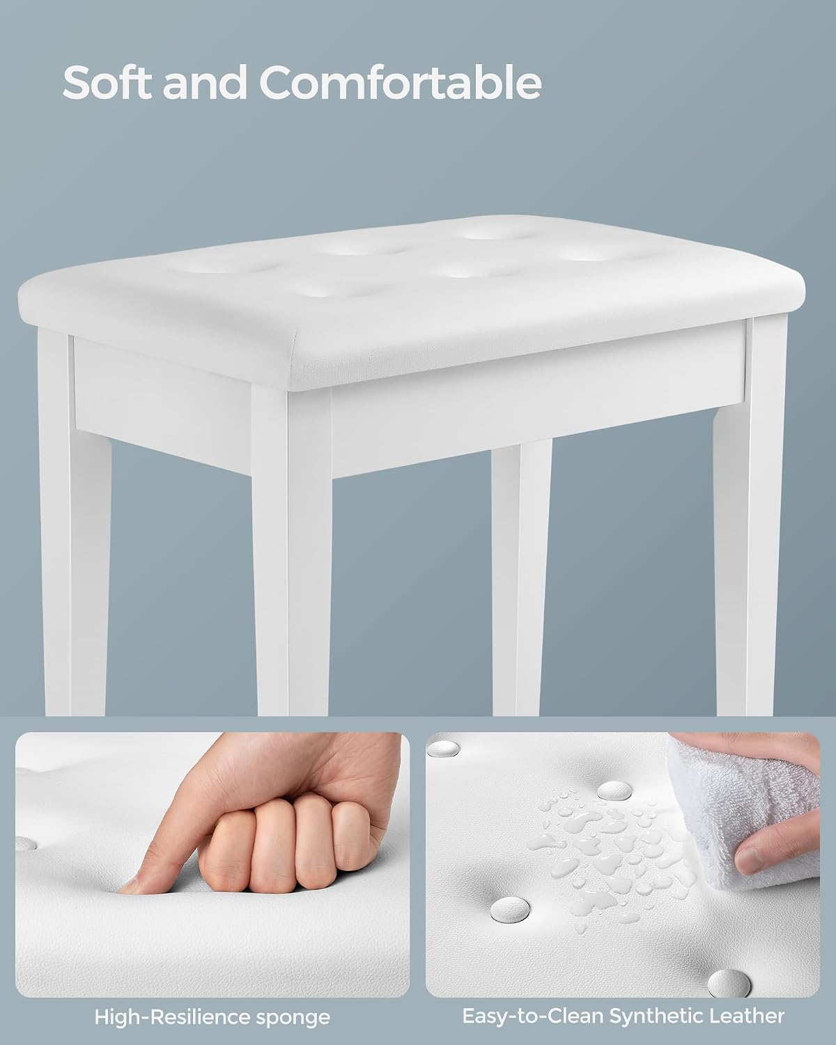 Thumbnail 6 de SONGMICS ULPB55WT Wooden Piano Bench with Padded Seat and Storage, White