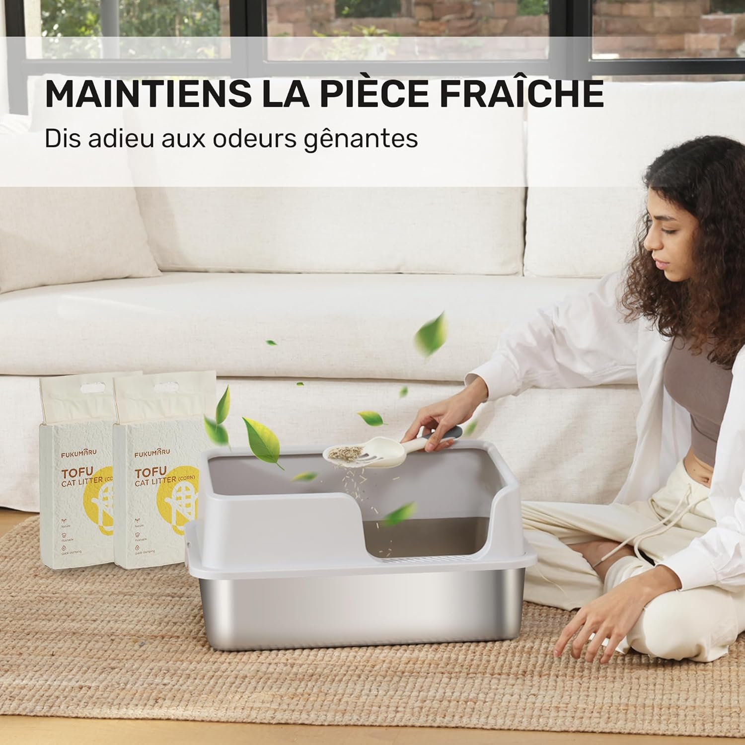 Thumbnail 1 de FUKUMARU Bac à litière fermé extra-large en acier inoxydable avec couvercle