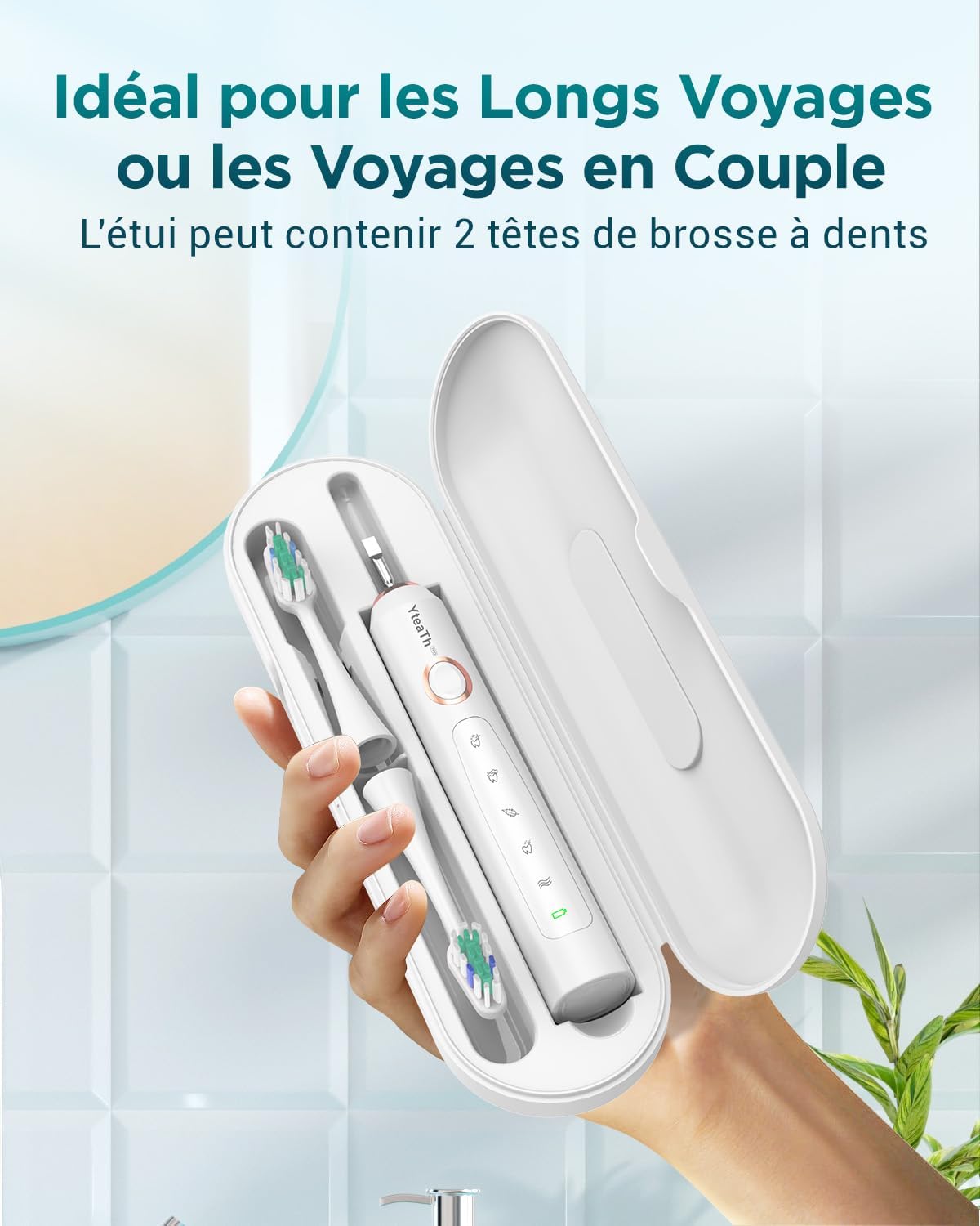 Detalle de Brosse À Dent Électrique Soniques pour Blanchiment – 8 Têtes, Étui de Voyage, 5 Modes, IPX7